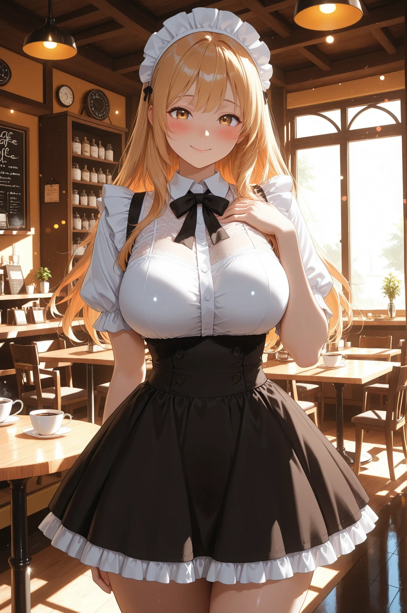 1 Beautiful Girl, beautiful, maids, clear skin, soft eyes, フリルmaids服, Headdress, ruffle skirt, big breasts, thighs, natural expression, Relaxed, long hair, (smile, Blush, hand on own shoulder), beautiful景色, (( cafe interior, table)), Relaxed Atmosphere, anime, High Quality, 4K, Very detailed expression, anime style, photorealistic, HDR, studio lighting, brightly colored, Bokeh