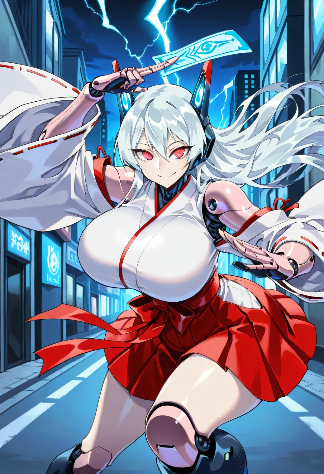 Masterpiece, source_anime, top-quality, perfect anatomically, correct anatomy, sharp focus, 4K, 8K, 2.5D, anime girl, highres, beautiful face girl, ultra detail, correct details, perfect details, youthful, 1girl, solo, outdoor, street, nighttime, night atmosphere, dark atmosphere, bright skin, Tokarev(Girls Frontline), headgear, robot ears, robot girl, robotic anatomically details, robotic joints, arms joints, hands joints, finger joints, white hair, bangs, long hair, smooth hair, red eyes, eyes detailed, eyelashes, smile, looking at viewer, curvy, highres, tall:1.3, huge breasts:1.2, thick breasts, sexy body figure, miko outfit, white kimono, sleeveless, red skirt, pleated skirt, red bow behind head, dynamic pose, holding a yellow talisman paper, talisman paper in right hand, blue electric energy, electric power, lightning user, blue lightning around the girl, safe for work, Zunta Style
