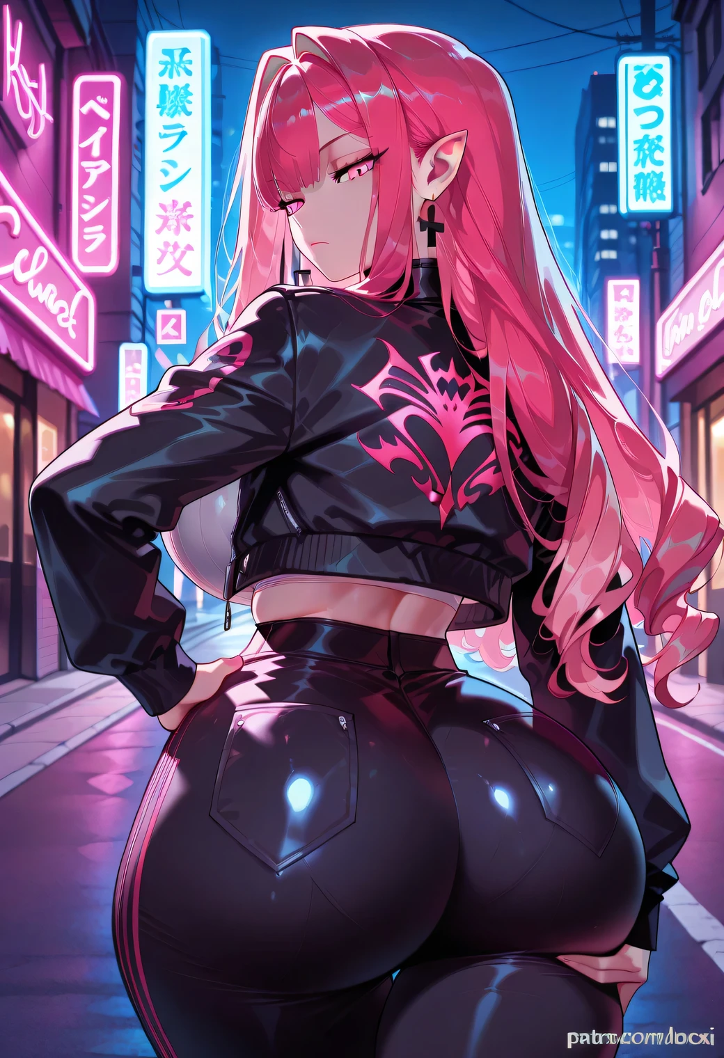 Masterpiece, source_anime, top-quality, perfect anatomically, correct anatomy, sharp focus, 4K, 8K, anime girl, 2.5D, highres, youthful, 1girl, solo, bright skin, Baobhan Sith(Fate Grand Order), beautiful face girl, face detailed, correct details, perfect details, hot pink hair, long hair, bangs, pointed ears, hot pink eyes, eyelashes, eyes detailed, emotionless face, close mouth, looking at viewer, curvy, highres, slim waist, tall:1.3, huge breasts:1.7, thick breasts, thick hips, thick thighs, thick butt, black jacket, short jacket, crop top, long sleeves, black pants, logo on back of jacket, pink bat logo, outdoor, street, nighttime, night atmosphere, dark atmosphere, neon light, safe for work, back view, close up, upper body, cowboy shot, sexy pose, arched hips, right hand on hip, dynamic pose, Balecxi Style
