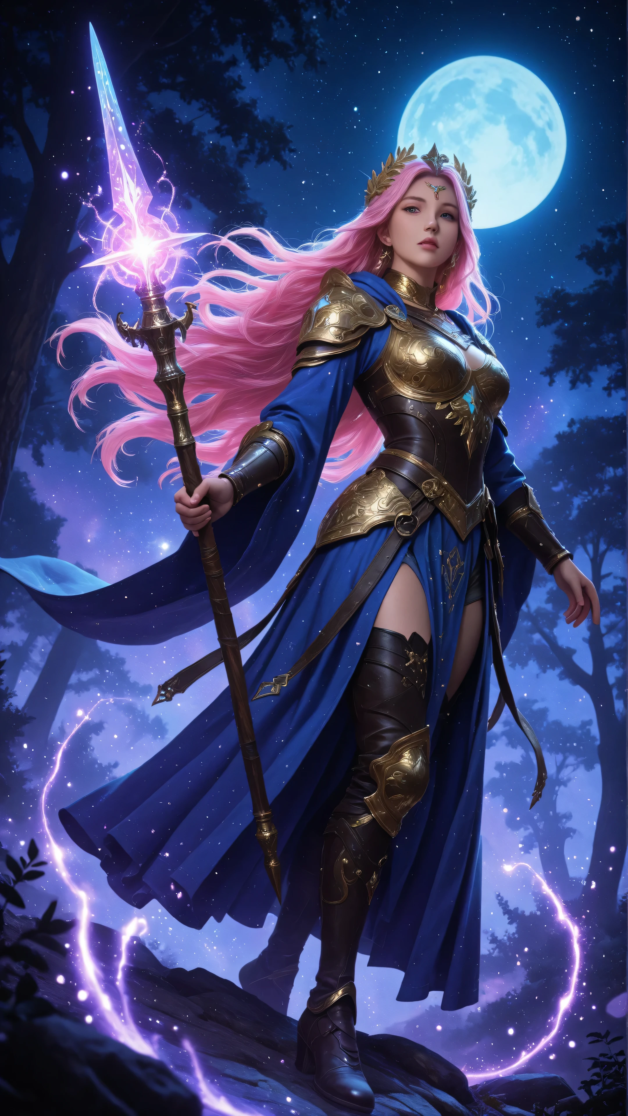 GlowingRunesAI_yellow,DruidMagicAI,Cinematic Shot,Film Still,Movie Still,Celestial Fantasy,aidmamjv7,Colorful,female human druid of the stars, guardian of nature, controlling magical energy made of stars, swirling blue stary magical light, divine symbols high details, dynamic angle, human female, extremally beautiful, ultra feminine, dynamic hair, dynamic hair color, wearing leather armor , holding a staff, moon light, stars, dynamic natural background, RPG art, magical atmosphere magic-fantasy-forest, dnd art, rpg art ultra best realistic, best details, best quality, 16k, masterpiece, best quality, (extremely detailed), photorealism, depth of field, hyper realistic painting, ultra wide shot, , realistic art ,