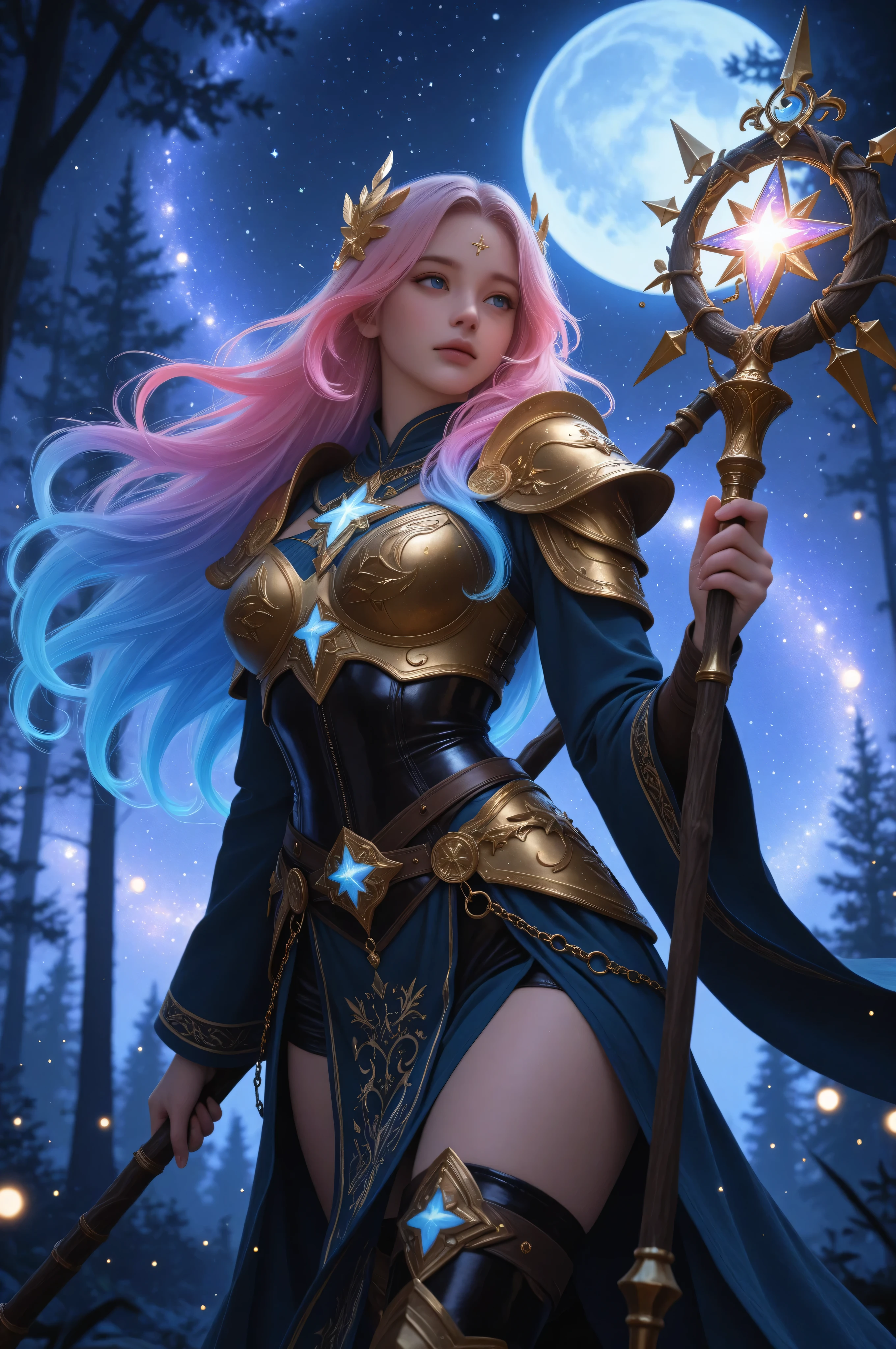 GlowingRunesAI_yellow,DruidMagicAI,Cinematic Shot,Film Still,Movie Still,Celestial Fantasy,aidmamjv7,Colorful,female human druid of the stars, guardian of nature, controlling magical energy made of stars, swirling blue stary magical light, divine symbols high details, dynamic angle, human female, extremally beautiful, ultra feminine, dynamic hair, dynamic hair color, wearing leather armor , holding a staff, moon light, stars, dynamic natural background, RPG art, magical atmosphere magic-fantasy-forest, dnd art, rpg art ultra best realistic, best details, best quality, 16k, masterpiece, best quality, (extremely detailed), photorealism, depth of field, hyper realistic painting, ultra wide shot, , realistic art ,
