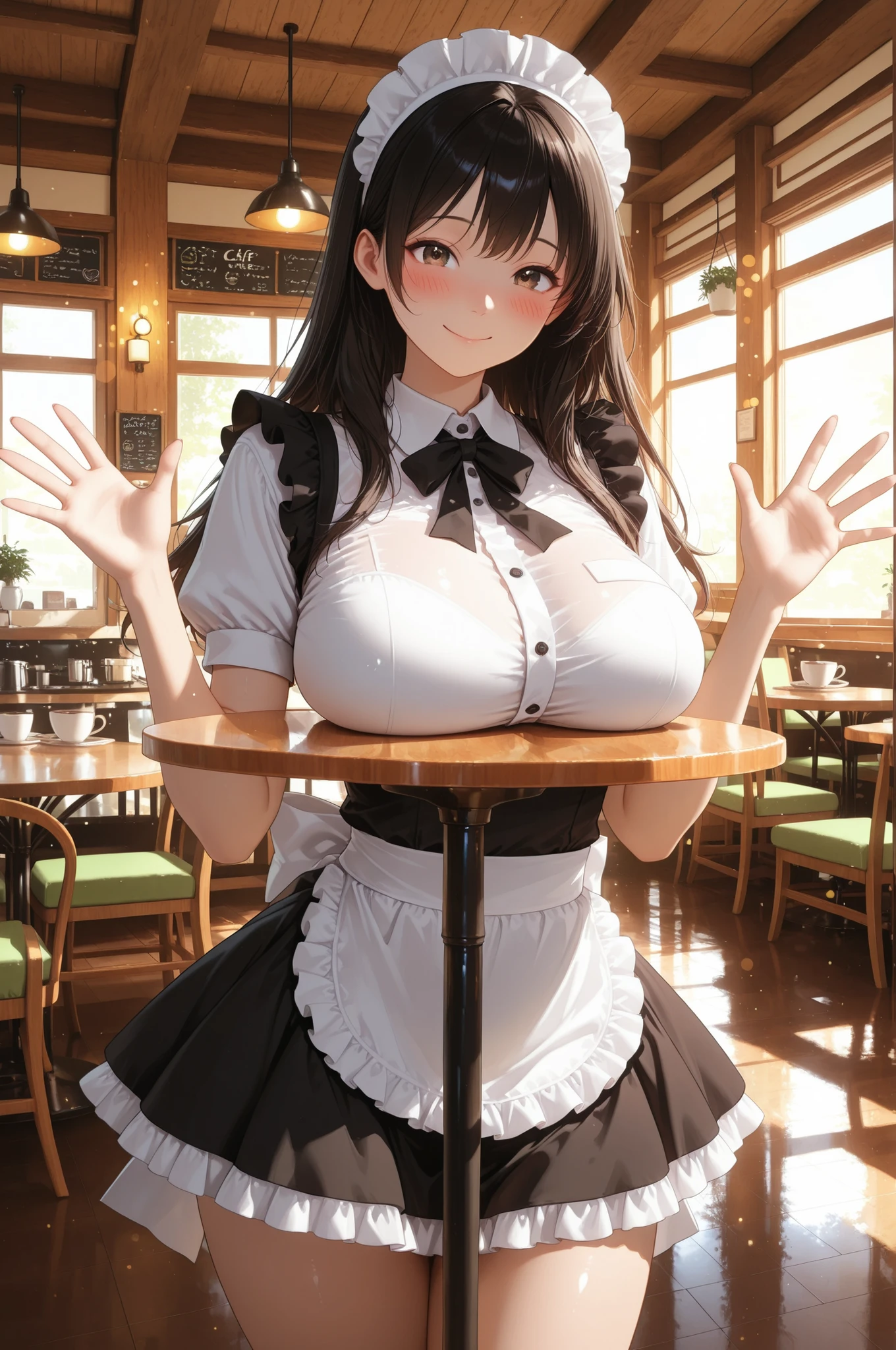 1 Beautiful Girl, beautiful, maids, clear skin, soft eyes, フリルmaids服, Headdress, ruffle skirt, big breasts, thighs, natural expression, Relaxed, long hair, (smile, Blush, spread fingers, w arms, breast rest), beautiful景色, (( cafe interior, table)), Relaxed Atmosphere, anime, High Quality, 4K, Very detailed expression, anime style, photorealistic, HDR, studio lighting, brightly colored, Bokeh