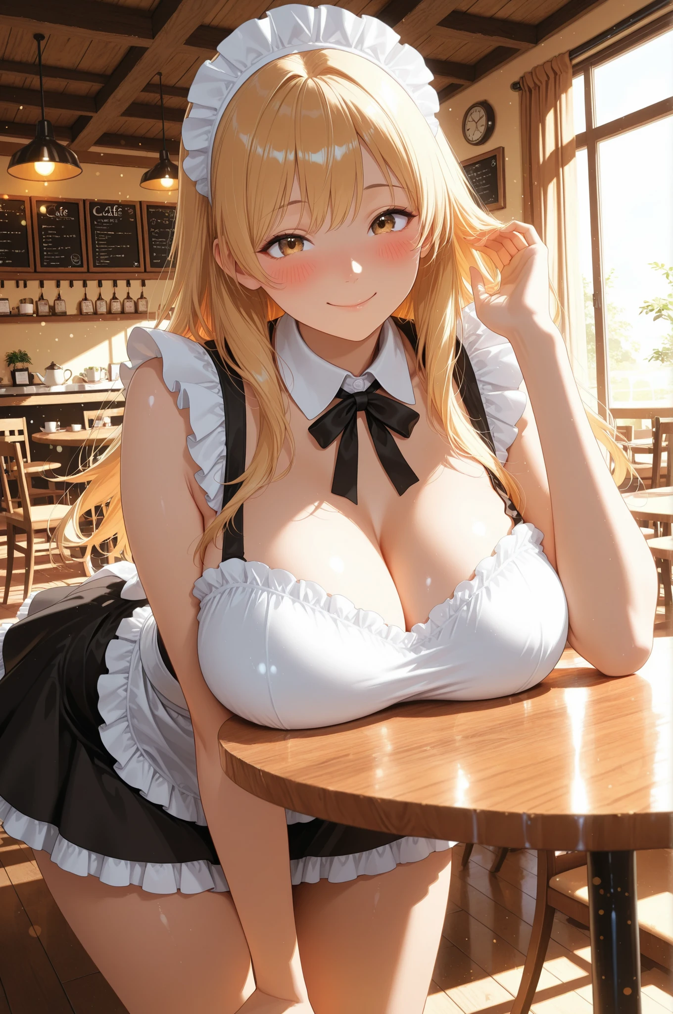 1 Beautiful Girl, beautiful, maids, clear skin, soft eyes, フリルmaids服, Headdress, ruffle skirt, big breasts, thighs, natural expression, Relaxed, long hair, (smile, Blush, arm support on table, breast rest, leaning forward), beautiful景色, (( cafe interior, table)), Relaxed Atmosphere, anime, High Quality, 4K, Very detailed expression, anime style, photorealistic, HDR, studio lighting, brightly colored, Bokeh