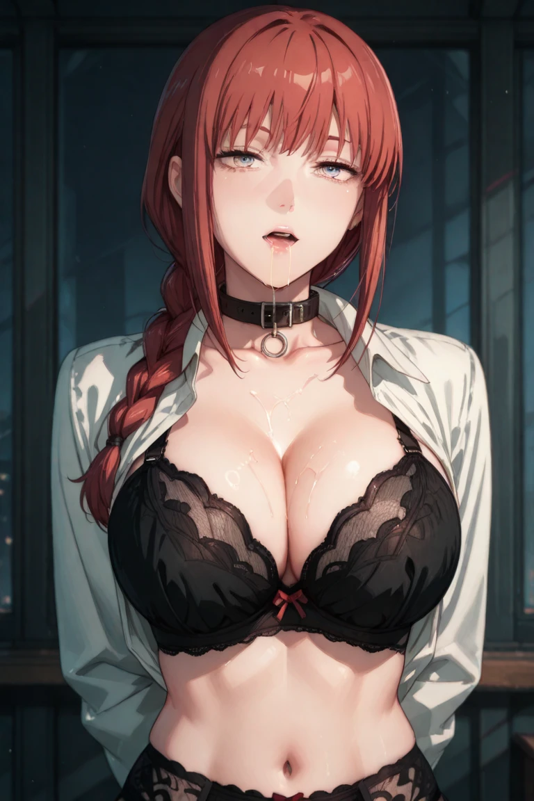 Makima, Makima, Long hair, Smile, Bangs, (:1.2), (Yellow eyes:1.2), braid, Red hair, braided ponytails, Ringed Eyes, BREAK   , Cleavage, Bra, Black Bra, Panties, Black panties, cleavage, Break indoors, Office, BREAK looking at viewer, BREAK (masutepiece:1.2), Best Quality, High resolution, Unity 8k壁纸, (Illustration:0.8), (Beautiful detailed eyes:1.6), extra detailed face, Perfect Lighting, extremely details CG, (Perfect hands, Perfect ),