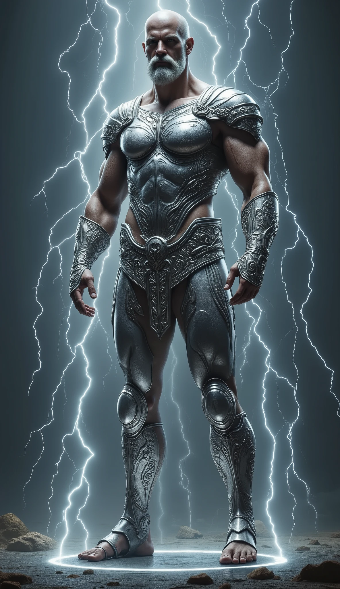 Zeus, lightning background, shining silver amor, skinny, slightlty baldness, moustache, sandal