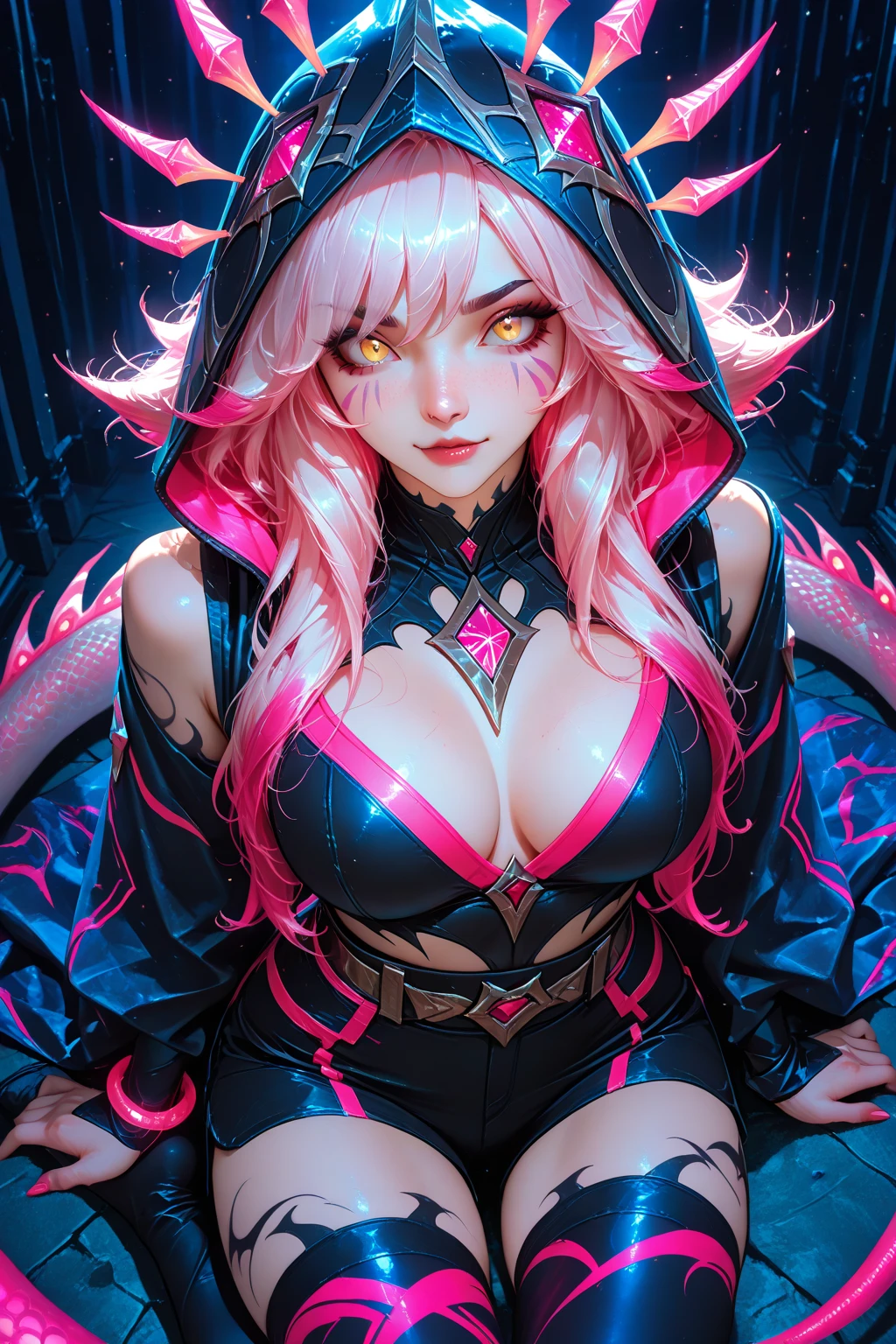 high resolution, Masterpiece artwork, best qualityer, 1 girl, Many tattoos, lying down, futuristic clothing, neon cyberpunk style, in the background cyberpunk city at night, finely detailed skin, Breasts huge, very muscular legs