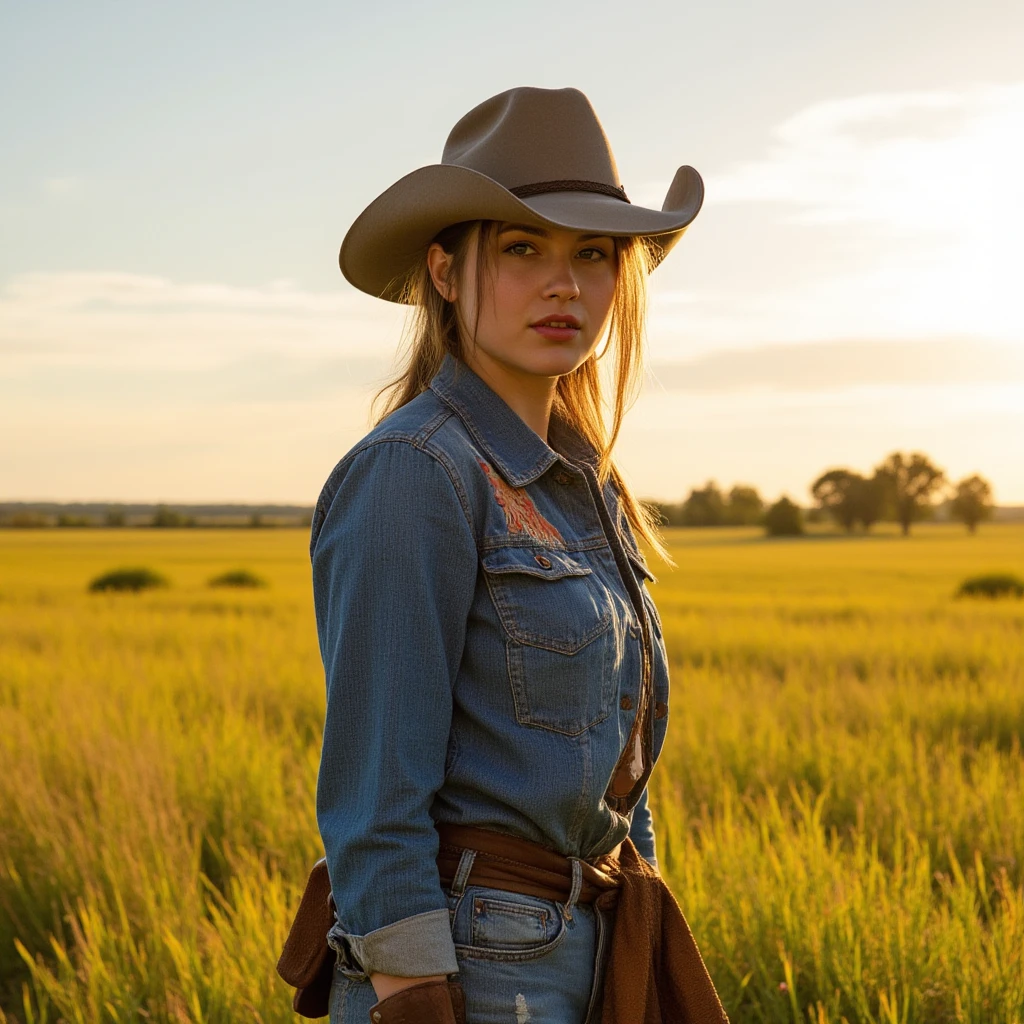 Full body shot of 1 gorgeous European blonde woman, age 23, wavy hair.
she’s a playboy magazine model. She has a subtle smile and flirts with the camera.
(She's dressed in cowboy clothes with a shirt and jeans and cowboy hat.She's standing in the countryside:1.2)
perfect eyes, perfect hands, perfect body, perfect hair, , hair behind ear, blurry foreground, UHD, retina, masterpiece, accurate, anatomically correct, textured skin, super detail, high details, high quality, award winning, best quality, highres, 16k, 8k, sunset light