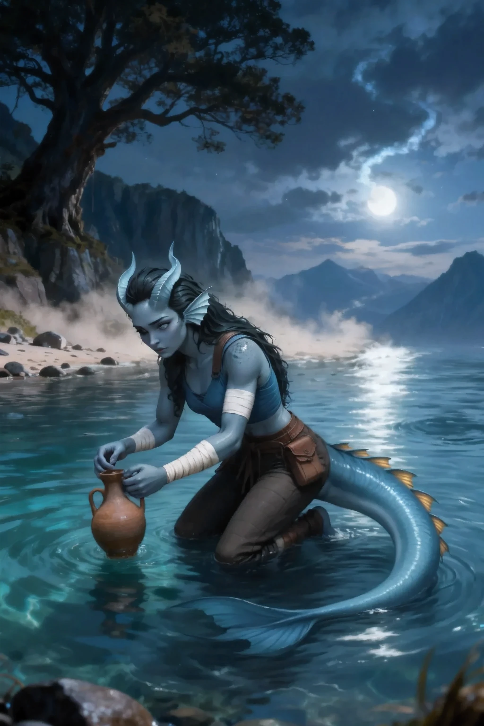 Kedra, dark blue-gray skin , (pigmentation of the shoulder:1.5), (gray-blue hands:1.3), fins on her head, dark blue-gray horns, Loose black hair, bright blue eyes , hand bandages, ( Best hands ). (5 dark blue-gray fingers), dark textured water on the background. Dark background, darkrain,, dark background. moon, Night, magic light, moon path. draws water into a jug.
masterpiece, best quality, ultra-detailed, Cinematic emotional static frame, 8K UHD, extremely detailed, physical visualization, HDR.