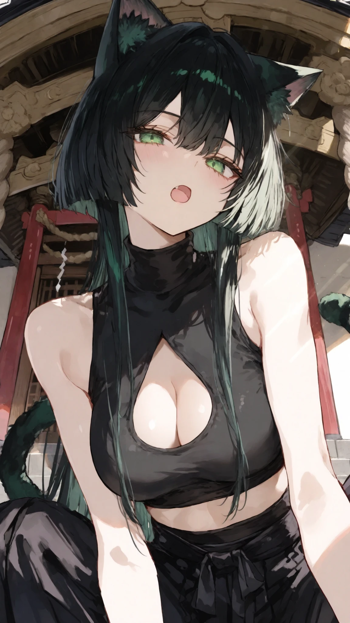Cat Ear Girl,Black hair, green eye, forhead hair,Sleeveless Turtleneck, Black hakama, black Two-piece Crop top,bored,sunlight, Forhead, middle breasts, looking at view ,Spectator,Shrine,abdomen, tomboy,pov,long hair, Higher ,Small frontal lobe,chest opening, big breasts,cute,Squat, Open mouth
