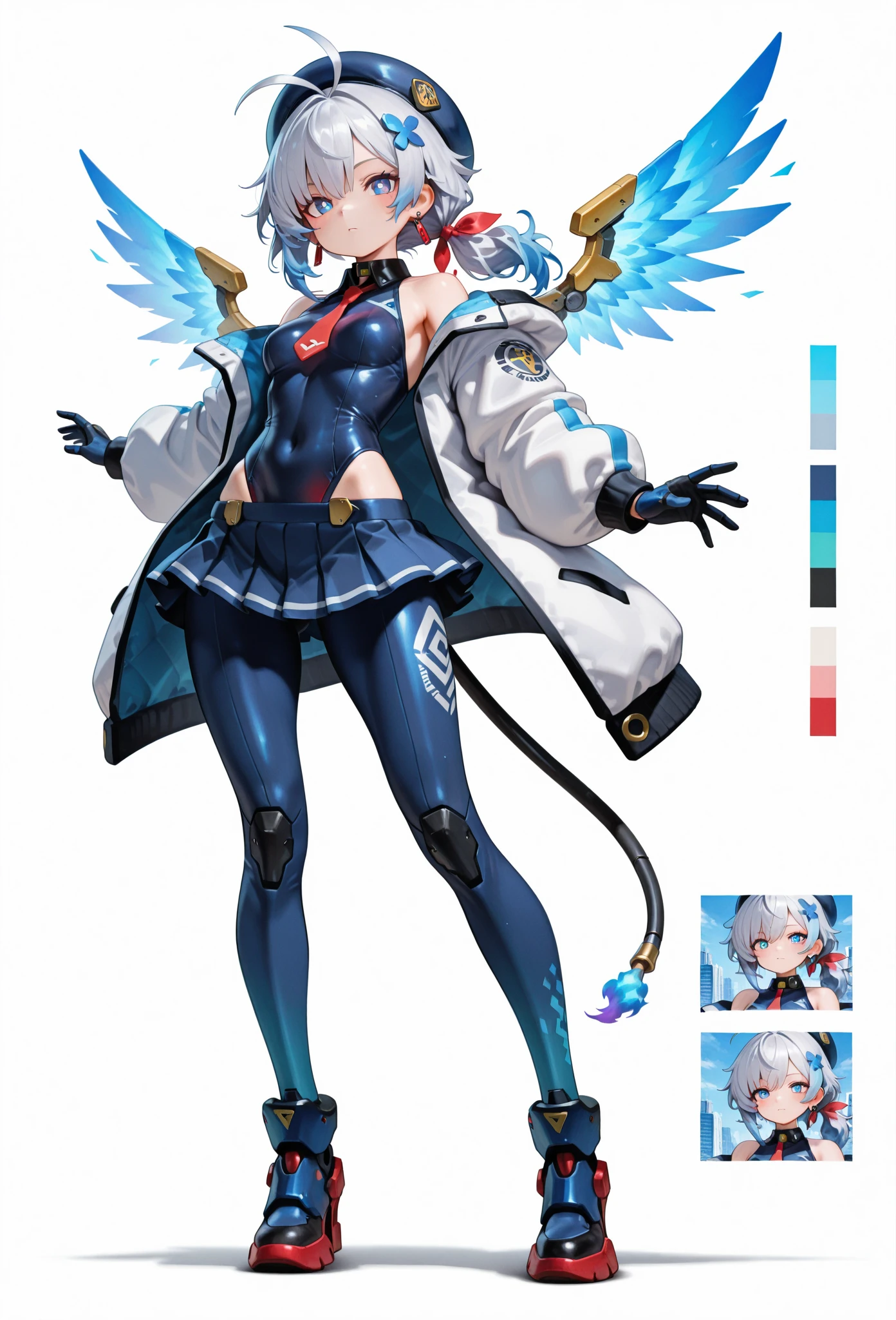 score_9, score_8_up, score_7_up, masterpiece, best quality, perfect facial features, highest resolution, 8k, amazing quality, detailed eyes, clear eyes, dynamic composition, dynamic pose, face clearly visible, close-up of face, low angle, turn your side, view from the side, turn only your face, face close, 1girl, solo, Community Bot-chan, community bot, bot, community, community bot robot, community robot, machine, android, community online, assistant, assistant robot, robot girl, android girl, mechanical girl, mechanical body, exposed mechanical body, mechanical limbs Android limbs, community bot logo, SeaArt logo, SeaArt logo all over the body, tight , iron skin, iron body, hard body, android ear accessories, mechanical earrings, android beret with antenna, mechanical beret, silver hair with blue stripes, silver to blue gradient hair, Blue burning hair, Blue and silver hair, messy hair, fluffy wavy hair, Blue hair accessory, hair ribbon, Blue flaming android tail, Blue flaming android wings, low side ponytail, long sideburns, mechanical eyes, blue eyes, white pupils, slanted eyes, digital-style leotard, black collar, white coat, red tie, miniskirt, pleated skirt, mechanical shoes with antenna, large colorful paintbrush, giant human-sized digital paintbrush, near-future background, science fiction, near-future city, cyberpunk, near-future building, near-future cityscape, Awakening scene, Awakening pose, Dynamic pose, Low-angle, cool pose, 