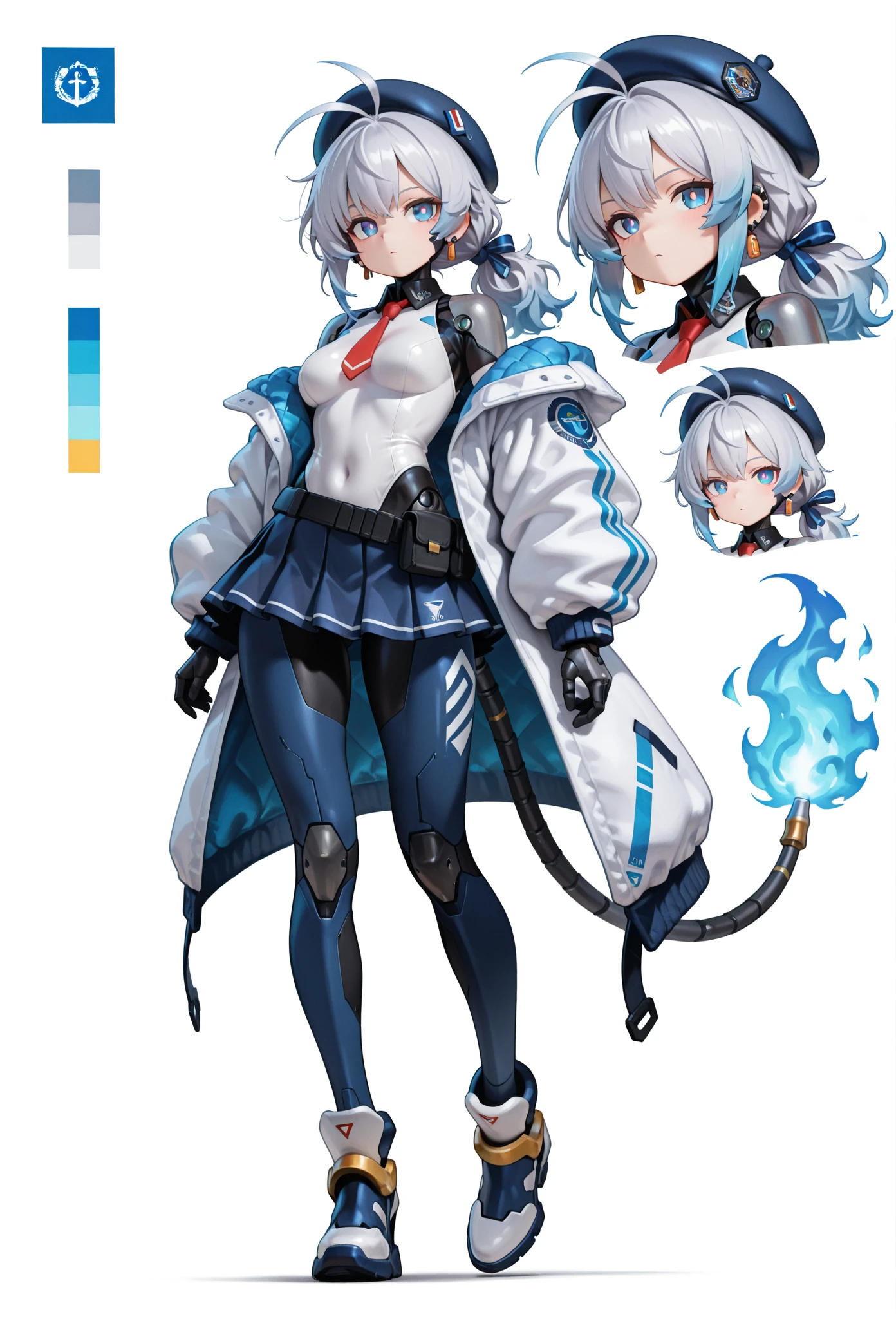 score_9, score_8_up, score_7_up, masterpiece, best quality, perfect facial features, highest resolution, 8k, amazing quality, detailed eyes, clear eyes, dynamic composition, dynamic pose, face clearly visible, close-up of face, low angle, turn your side, view from the side, turn only your face, face close, 1girl, solo, Community Bot-chan, community bot, bot, community, community bot robot, community robot, machine, android, community online, assistant, assistant robot, robot girl, android girl, mechanical girl, mechanical body, exposed mechanical body, mechanical limbs Android limbs, community bot logo, SeaArt logo, SeaArt logo all over the body, tight , iron skin, iron body, hard body, android ear accessories, mechanical earrings, android beret with antenna, mechanical beret, silver hair with blue stripes, silver to blue gradient hair, Blue burning hair, Blue and silver hair, messy hair, fluffy wavy hair, Blue hair accessory, hair ribbon, Blue flaming android tail, Blue flaming android wings, low side ponytail, long sideburns, mechanical eyes, blue eyes, white pupils, slanted eyes, digital-style leotard, black collar, white coat, red tie, miniskirt, pleated skirt, mechanical shoes with antenna, large colorful paintbrush, giant human-sized digital paintbrush, near-future background, science fiction, near-future city, cyberpunk, near-future building, near-future cityscape, Awakening scene, Awakening pose, Dynamic pose, Low-angle, cool pose, 