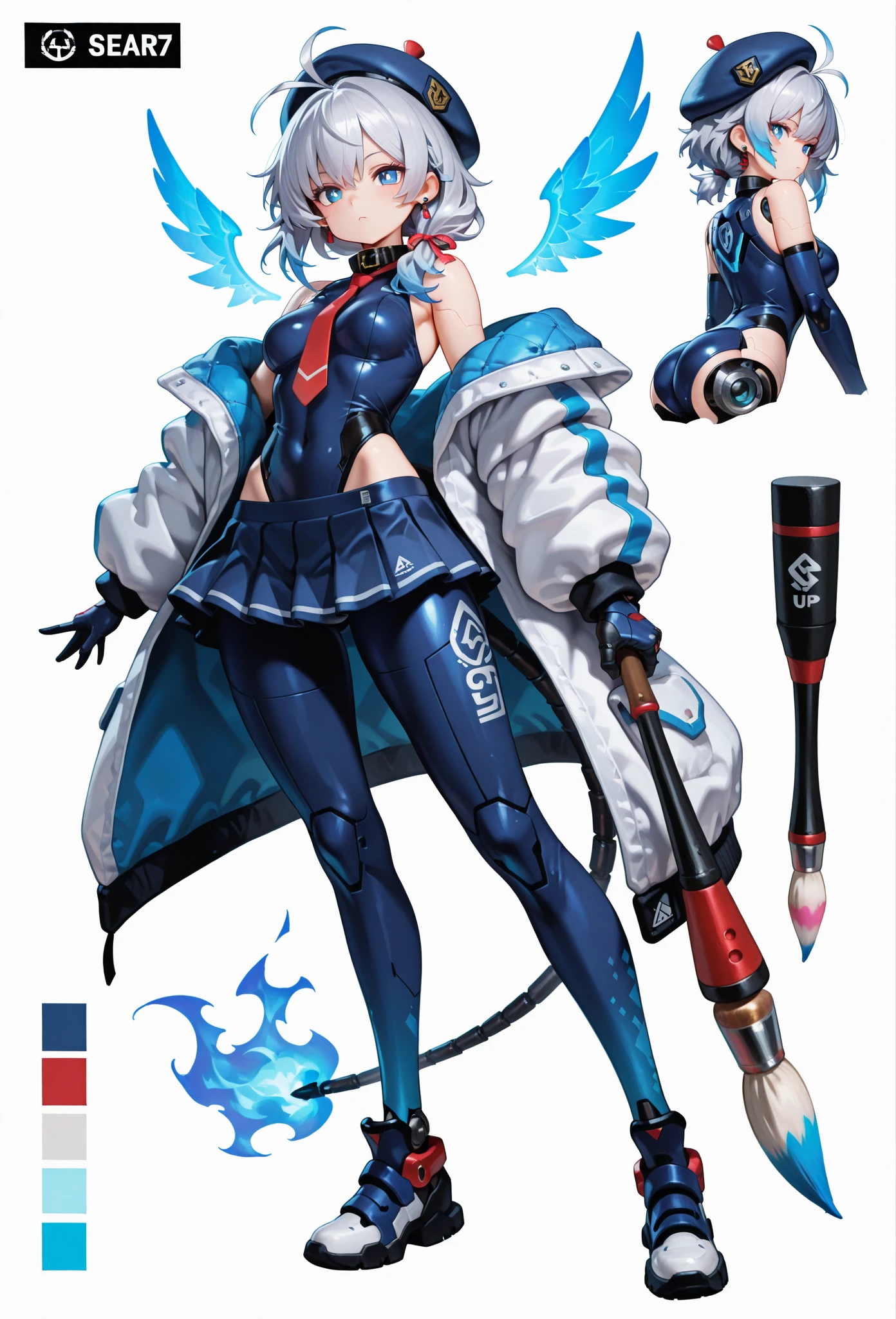 score_9, score_8_up, score_7_up, masterpiece, best quality, perfect facial features, highest resolution, 8k, amazing quality, detailed eyes, clear eyes, dynamic composition, dynamic pose, face clearly visible, close-up of face, low angle, turn your side, view from the side, turn only your face, face close, 1girl, solo, Community Bot-chan, community bot, bot, community, community bot robot, community robot, machine, android, community online, assistant, assistant robot, robot girl, android girl, mechanical girl, mechanical body, exposed mechanical body, mechanical limbs Android limbs, community bot logo, SeaArt logo, SeaArt logo all over the body, tight , iron skin, iron body, hard body, android ear accessories, mechanical earrings, android beret with antenna, mechanical beret, silver hair with blue stripes, silver to blue gradient hair, Blue burning hair, Blue and silver hair, messy hair, fluffy wavy hair, Blue hair accessory, hair ribbon, Blue flaming android tail, Blue flaming android wings, low side ponytail, long sideburns, mechanical eyes, blue eyes, white pupils, slanted eyes, digital-style leotard, black collar, white coat, red tie, miniskirt, pleated skirt, mechanical shoes with antenna, large colorful paintbrush, giant human-sized digital paintbrush, near-future background, science fiction, near-future city, cyberpunk, near-future building, near-future cityscape, Awakening scene, Awakening pose, Dynamic pose, Low-angle, cool pose, 