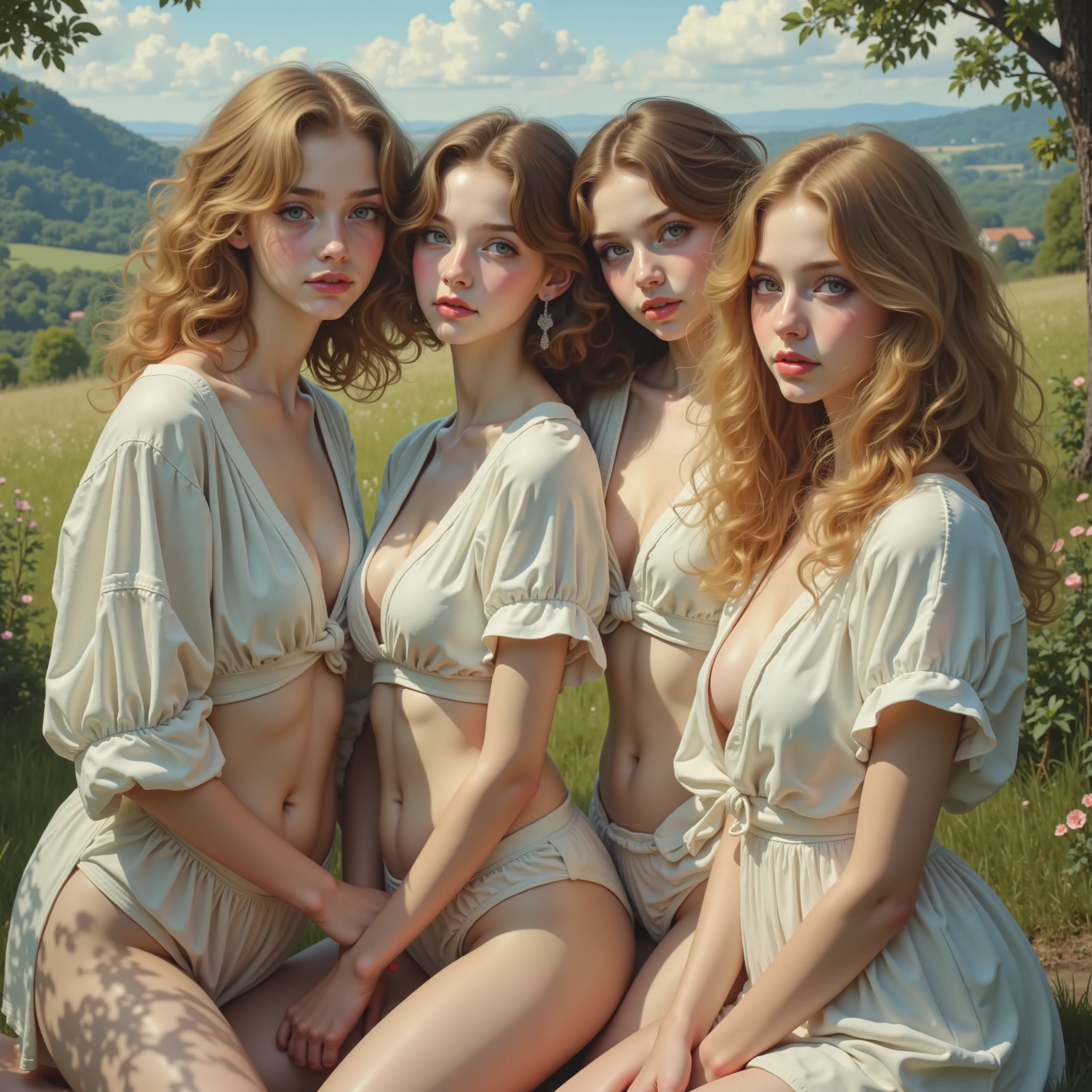 William Adolphe Bouguereau style, Extremely Detailed Barefoot Girly Teenagers with curly golden hair smiling gently, Clear white skin and big blue eyes, Panoramic, Leggy full body, Embrace own tits tightly,