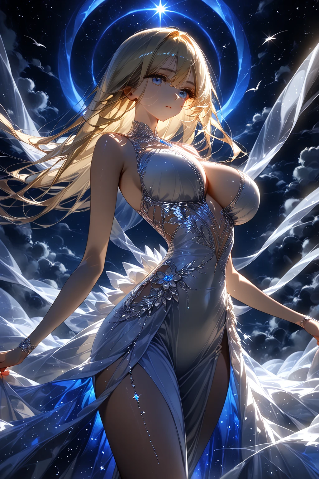 Paradise in Heaven, White lighting,(masutepiece), (Best Quality), (Cinematic), 8K, (art  stations), Li Yue painting style.(長いWhite hairとSilvery eyesを持つ1人の女), (Beautiful delicate face)、[ Particle Lou Full Moon] [Frozen trees々] [landscape crystal] [Lighting] [Ethereal Atmosphere]:1.1] [Fantasy, short story] [soft Lighting] [+Cinematic shot]:1.2 [+art  stations] [+luminous white background] [+soft Lighting] [soft glow] [Creative and dynamic angles]:1.3, [+Crystal Toning] 、masutepiece, ighly detailed, Ultra-detailed, Solo, (pale skin), Silvery eyes, White hair, (snowy background), (snowflake rosen flower:1.0), (shining crystal),, (Snowy ground), (White lashes), Female 、dreamy and detailed, Gorgeous setting, 妖しい雰囲気 masutepiece, The most beautiful scenes, An majestic、(((full of white flowers)))、quiet and serene atmosphere、A charming, all white tones,Inside the crystal library,Transparent flowers and falling snow，Many white roses are planted,(flowingwater,falls,water bloom),The decoration is also carefully done.,Dreamy（ighly detailedです，Creative Design，crisp and precise lines，K HD，best qualtiy，tmasterpiece，超hight resolution，4K）、Diverse poses、((beautiful white flower hair ornament))、Beautiful hairstyle、(Best Quality, 4K, 8K, hight resolution, masutepiece:1.2), Ultra-detailed, Detailed expression, Graceful posture, expressive brush strokes, mystic atmosphere, artistic interpretation,Delicate floral jewelry， (((Detailed design、Beautiful lace translucent dress、see-through small dress)))、(SFW:1.5), (Oversized , best body proportions, proportions of ,:1.5),(white decoration on thigh)、((Beautiful crystal accessories on the legs))。((Beautiful crystal accessories on the arm))、(((Design with a wide open )))