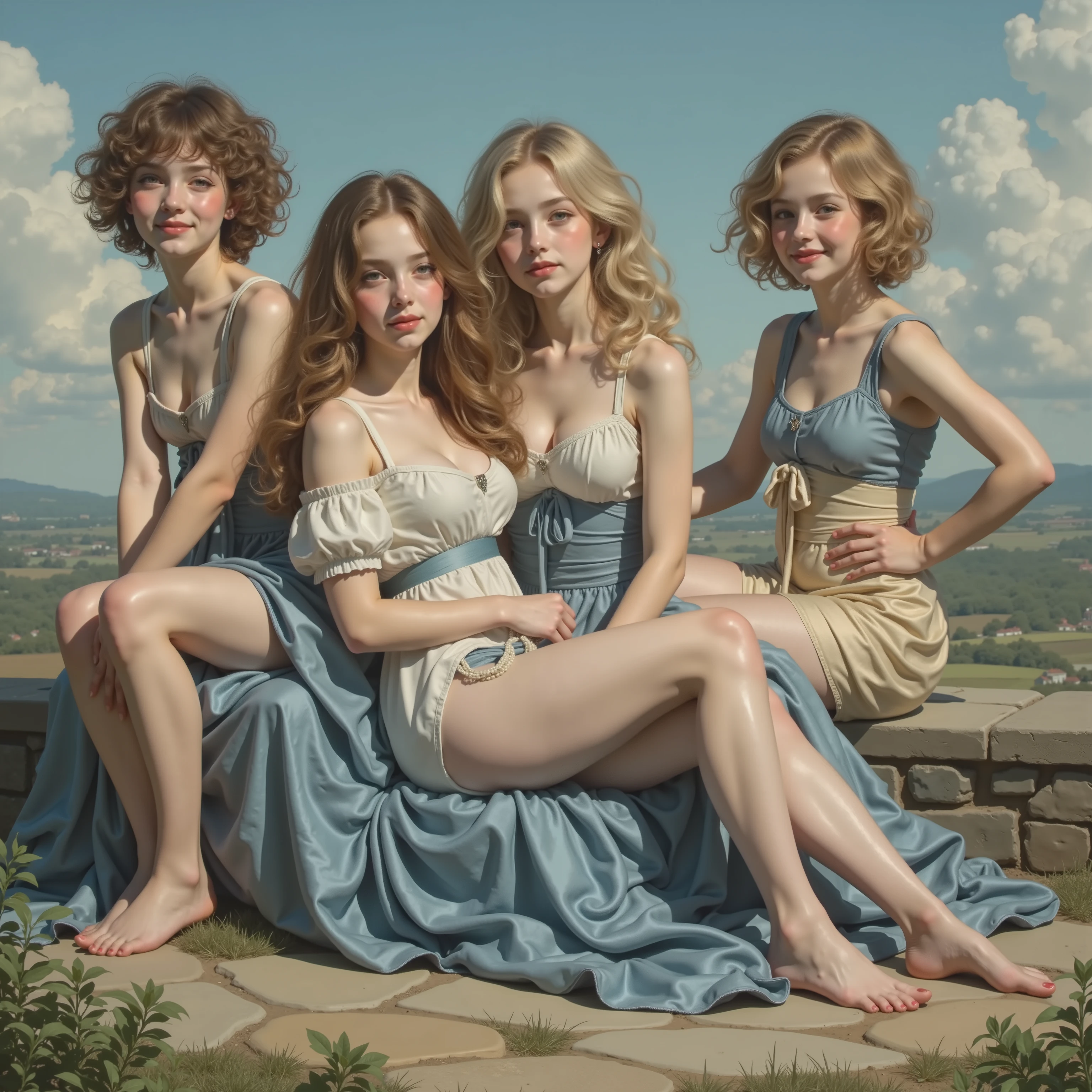 William Adolphe Bouguereau style, Extremely Detailed Barefoot Girly Teenagers with curly golden hair smiling gently, Clear white skin and big blue eyes, Panoramic, Leggy full body, covering breasts 