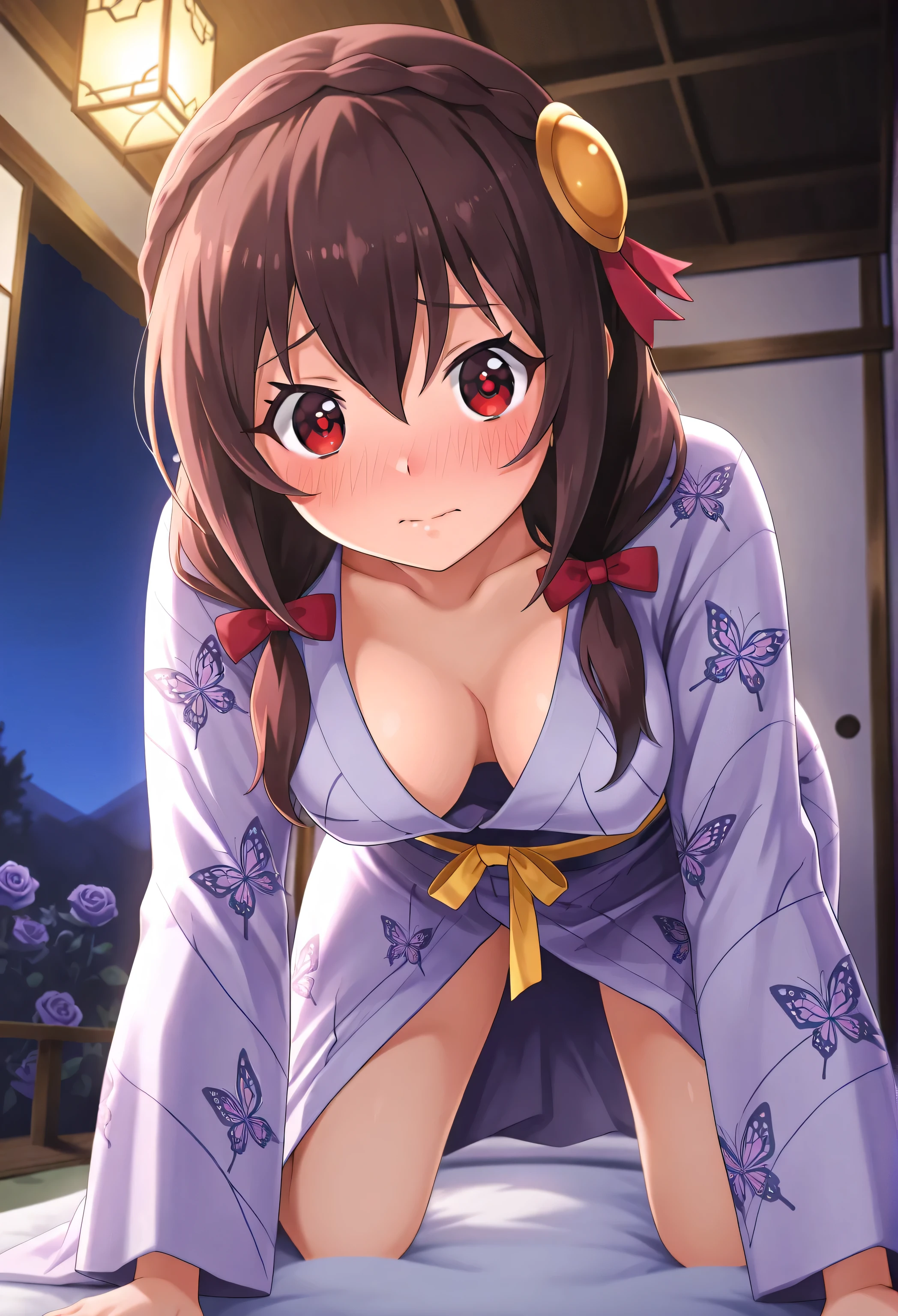 Yunyun konosuba,red eyes,high quality,blush,Light purple yukata with butterfly pattern,Yellow obi sash with big yellow ribbon,(Purple rose hair ornament without ribbon) ,at night,Japanese-style room, futon,shy,Embarrassing,thighs visible,Her clothes are open and her chest is visible,On all fours, view from below