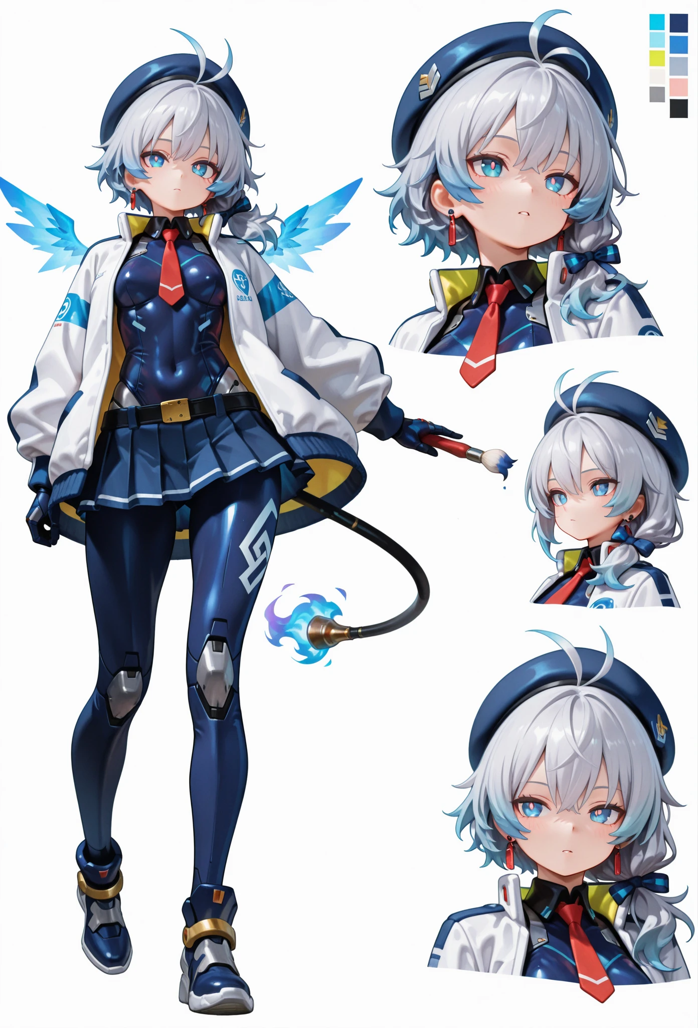 score_9, score_8_up, score_7_up, masterpiece, best quality, perfect facial features, highest resolution, 8k, amazing quality, detailed eyes, clear eyes, dynamic composition, dynamic pose, face clearly visible, close-up of face, low angle, turn your side, view from the side, turn only your face, face close, 1girl, solo, Community Bot-chan, community bot, bot, community, community bot robot, community robot, machine, android, community online, assistant, assistant robot, robot girl, android girl, mechanical girl, mechanical body, exposed mechanical body, mechanical limbs Android limbs, community bot logo, SeaArt logo, SeaArt logo all over the body, tight , iron skin, iron body, hard body, android ear accessories, mechanical earrings, android beret with antenna, mechanical beret, silver hair with blue stripes, silver to blue gradient hair, Blue burning hair, Blue and silver hair, messy hair, fluffy wavy hair, Blue hair accessory, hair ribbon, Blue flaming android tail, Blue flaming android wings, low side ponytail, long sideburns, mechanical eyes, blue eyes, white pupils, slanted eyes, digital-style leotard, black collar, white coat, red tie, miniskirt, pleated skirt, mechanical shoes with antenna, large colorful paintbrush, giant human-sized digital paintbrush, near-future background, science fiction, near-future city, cyberpunk, near-future building, near-future cityscape, Awakening scene, Awakening pose, Dynamic pose, Low-angle, cool pose, 