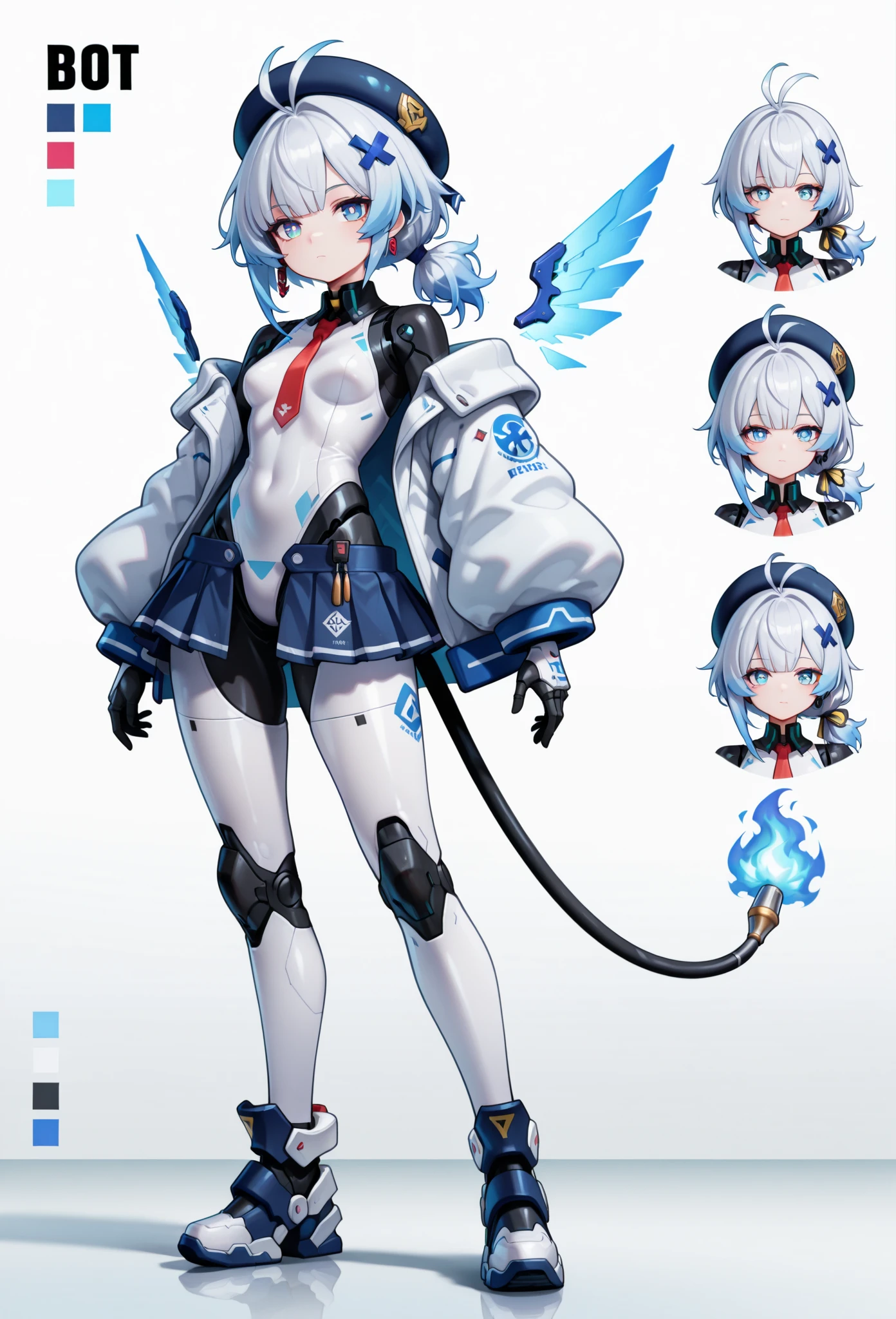 score_9, score_8_up, score_7_up, masterpiece, best quality, perfect facial features, highest resolution, 8k, amazing quality, detailed eyes, clear eyes, dynamic composition, dynamic pose, face clearly visible, close-up of face, low angle, turn your side, view from the side, turn only your face, face close, 1girl, solo, Community Bot-chan, community bot, bot, community, community bot robot, community robot, machine, android, community online, assistant, assistant robot, robot girl, android girl, mechanical girl, mechanical body, exposed mechanical body, mechanical limbs Android limbs, community bot logo, SeaArt logo, SeaArt logo all over the body, tight , iron skin, iron body, hard body, android ear accessories, mechanical earrings, android beret with antenna, mechanical beret, silver hair with blue stripes, silver to blue gradient hair, Blue burning hair, Blue and silver hair, messy hair, fluffy wavy hair, Blue hair accessory, hair ribbon, Blue flaming android tail, Blue flaming android wings, low side ponytail, long sideburns, mechanical eyes, blue eyes, white pupils, slanted eyes, digital-style leotard, black collar, white coat, red tie, miniskirt, pleated skirt, mechanical shoes with antenna, large colorful paintbrush, giant human-sized digital paintbrush, near-future background, science fiction, near-future city, cyberpunk, near-future building, near-future cityscape, Awakening scene, Awakening pose, Dynamic pose, Low-angle, cool pose, 