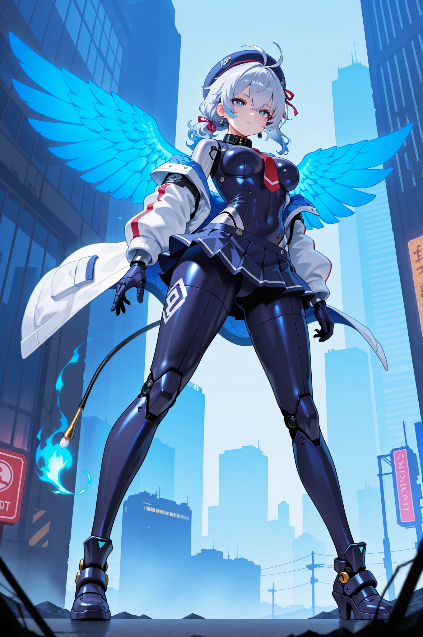 score_9, score_8_up, score_7_up, masterpiece, best quality, perfect facial features, highest resolution, 8k, amazing quality, detailed eyes, clear eyes, dynamic composition, dynamic pose, face clearly visible, close-up of face, low angle, turn your side, view from the side, turn only your face, face close, 1girl, solo, Community Bot-chan, community bot, bot, community, community bot robot, community robot, machine, android, community online, assistant, assistant robot, robot girl, android girl, mechanical girl, mechanical body, exposed mechanical body, mechanical limbs Android limbs, community bot logo, SeaArt logo, SeaArt logo all over the body, tight , iron skin, iron body, hard body, android ear accessories, mechanical earrings, android beret with antenna, mechanical beret, silver hair with blue stripes, silver to blue gradient hair, Blue burning hair, Blue and silver hair, messy hair, fluffy wavy hair, Blue hair accessory, hair ribbon, Blue flaming android tail, Blue flaming android wings, low side ponytail, long sideburns, mechanical eyes, blue eyes, white pupils, slanted eyes, digital-style leotard, black collar, white coat, red tie, miniskirt, pleated skirt, mechanical shoes with antenna, large colorful paintbrush, giant human-sized digital paintbrush, near-future background, science fiction, near-future city, cyberpunk, near-future building, near-future cityscape, Awakening scene, Awakening pose, Dynamic pose, Low-angle, cool pose, 