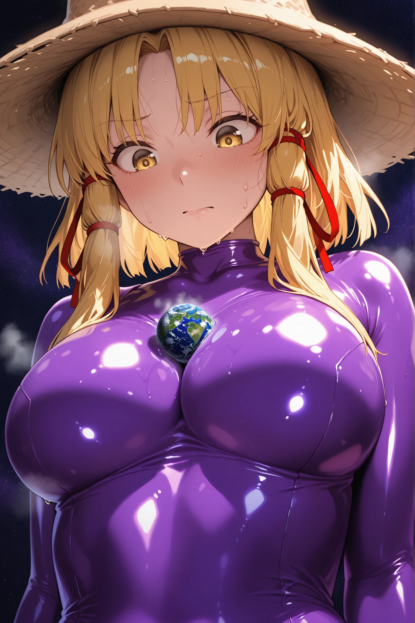 1girl, Touhou, Moriya Suwako, (purple latex suit), The clothes fit perfectly, Glossiness, shiny, sweat, steamy, yellow hair, yellow eyes, sidelocks, red hair ribbon, straw hat, (purple latex bodysuit), sweat, steamy, glossy skin , shiny skin , glistening skin, tiny planet, space giantess , earth between breasts deep space background , Chest Valley, looking down, self breasts rubbing,