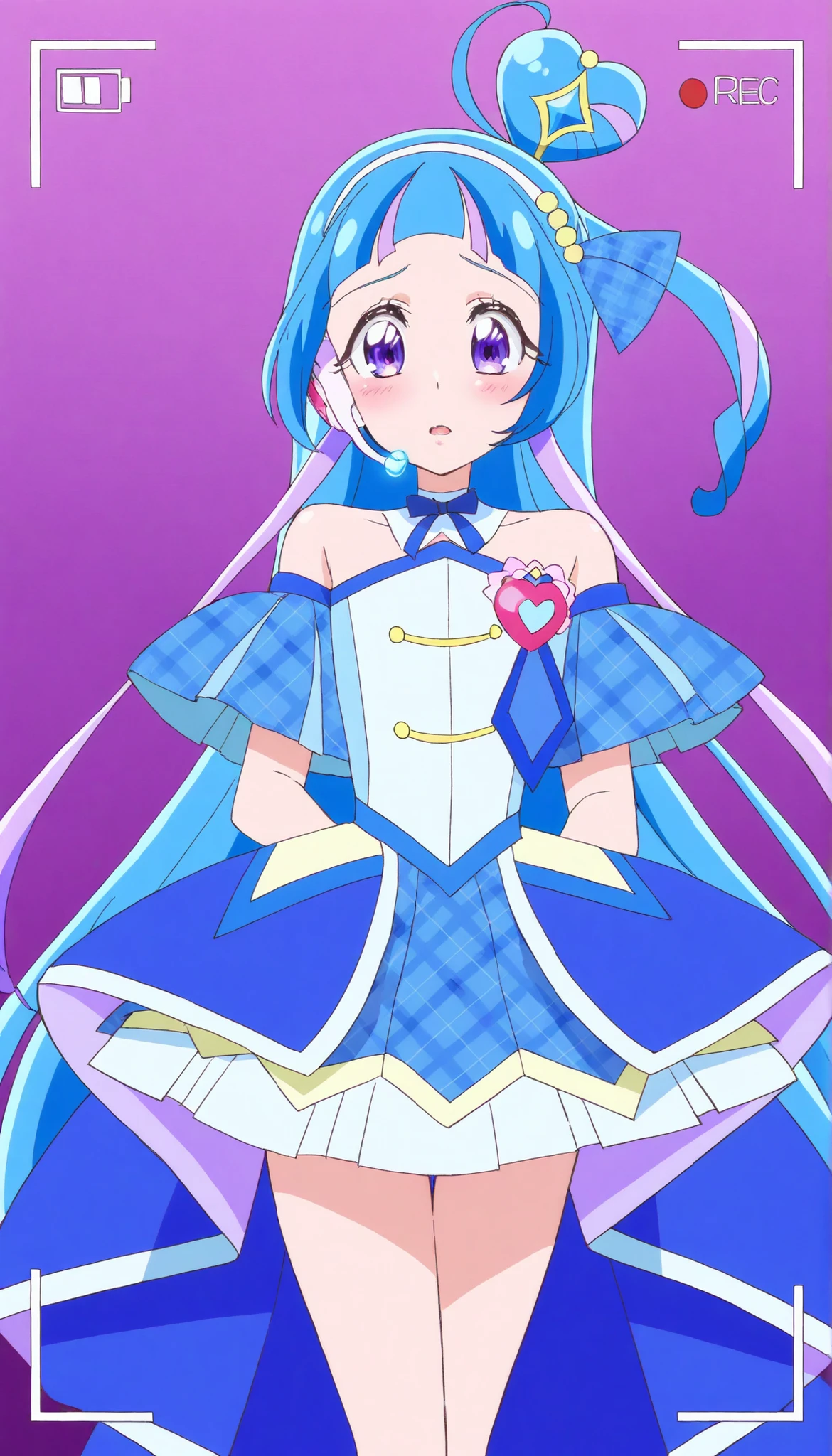 cure wink, kimi to idol precure, blue hair, magical girl, mini crown, purple eyes, blue dress, tilted headwear, very long hair, blunt bangs,  shoulders, hairband, two-tone hair, purple hair, jewelry, idol clothes, masterpiece, best quality, newest, absurdres, anime, source anime, illustration,heart brooch, headset, thigh ,open mouth, embarrassed face,glossy lips,standing, normal posing ,cowboy shot,from front ,recording studio background 