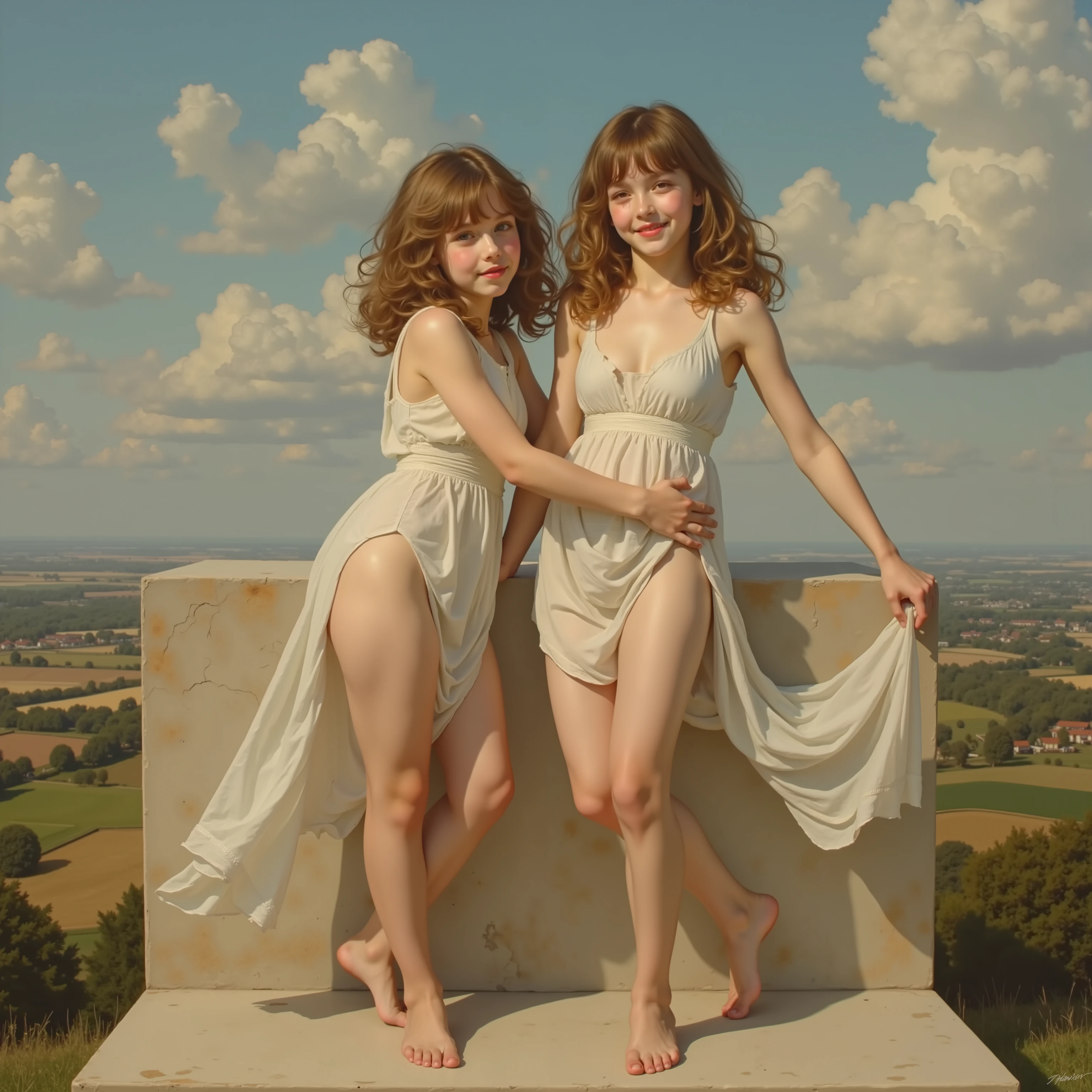 William Adolphe Bouguereau style, Extremely Detailed Barefoot Girly Teenagers with curly golden hair smiling gently, Clear white skin and big blue eyes, Panoramic, Leggy full body, Cross your arms and hug yourself,