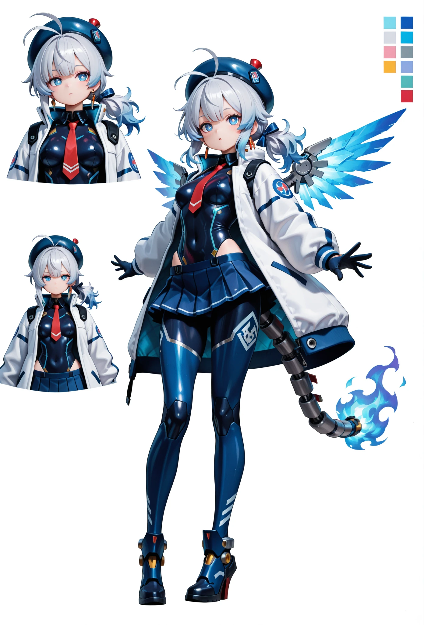 score_9, score_8_up, score_7_up, masterpiece, best quality, perfect facial features, highest resolution, 8k, amazing quality, detailed eyes, clear eyes, dynamic composition, dynamic pose, face clearly visible, close-up of face, low angle, turn your side, view from the side, turn only your face, face close, 1girl, solo, Community Bot-chan, community bot, bot, community, community bot robot, community robot, machine, android, community online, assistant, assistant robot, robot girl, android girl, mechanical girl, mechanical body, exposed mechanical body, mechanical limbs Android limbs, community bot logo, SeaArt logo, SeaArt logo all over the body, tight , iron skin, iron body, hard body, android ear accessories, mechanical earrings, android beret with antenna, mechanical beret, silver hair with blue stripes, silver to blue gradient hair, Blue burning hair, Blue and silver hair, messy hair, fluffy wavy hair, Blue hair accessory, hair ribbon, Blue flaming android tail, Blue flaming android wings, low side ponytail, long sideburns, mechanical eyes, blue eyes, white pupils, slanted eyes, digital-style leotard, black collar, white coat, red tie, miniskirt, pleated skirt, mechanical shoes with antenna, large colorful paintbrush, giant human-sized digital paintbrush, near-future background, science fiction, near-future city, cyberpunk, near-future building, near-future cityscape, Awakening scene, Awakening pose, Dynamic pose, Low-angle, cool pose, 