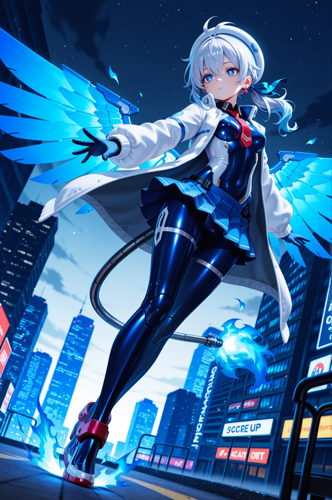 score_9, score_8_up, score_7_up, masterpiece, best quality, perfect facial features, highest resolution, 8k, amazing quality, detailed eyes, clear eyes, dynamic composition, dynamic pose, face clearly visible, close-up of face, low angle, turn your side, view from the side, turn only your face, face close, 1girl, solo, Community Bot-chan, community bot, bot, community, community bot robot, community robot, machine, android, community online, assistant, assistant robot, robot girl, android girl, mechanical girl, mechanical body, exposed mechanical body, mechanical limbs Android limbs, community bot logo, SeaArt logo, SeaArt logo all over the body, tight , iron skin, iron body, hard body, android ear accessories, mechanical earrings, android beret with antenna, mechanical beret, silver hair with blue stripes, silver to blue gradient hair, Blue burning hair, Blue and silver hair, messy hair, fluffy wavy hair, Blue hair accessory, hair ribbon, Blue flaming android tail, Blue flaming android wings, low side ponytail, long sideburns, mechanical eyes, blue eyes, white pupils, slanted eyes, digital-style leotard, black collar, white coat, red tie, miniskirt, pleated skirt, mechanical shoes with antenna, large colorful paintbrush, giant human-sized digital paintbrush, near-future background, science fiction, near-future city, cyberpunk, near-future building, near-future cityscape, Awakening scene, Awakening pose, Dynamic pose, Low-angle, cool pose, 