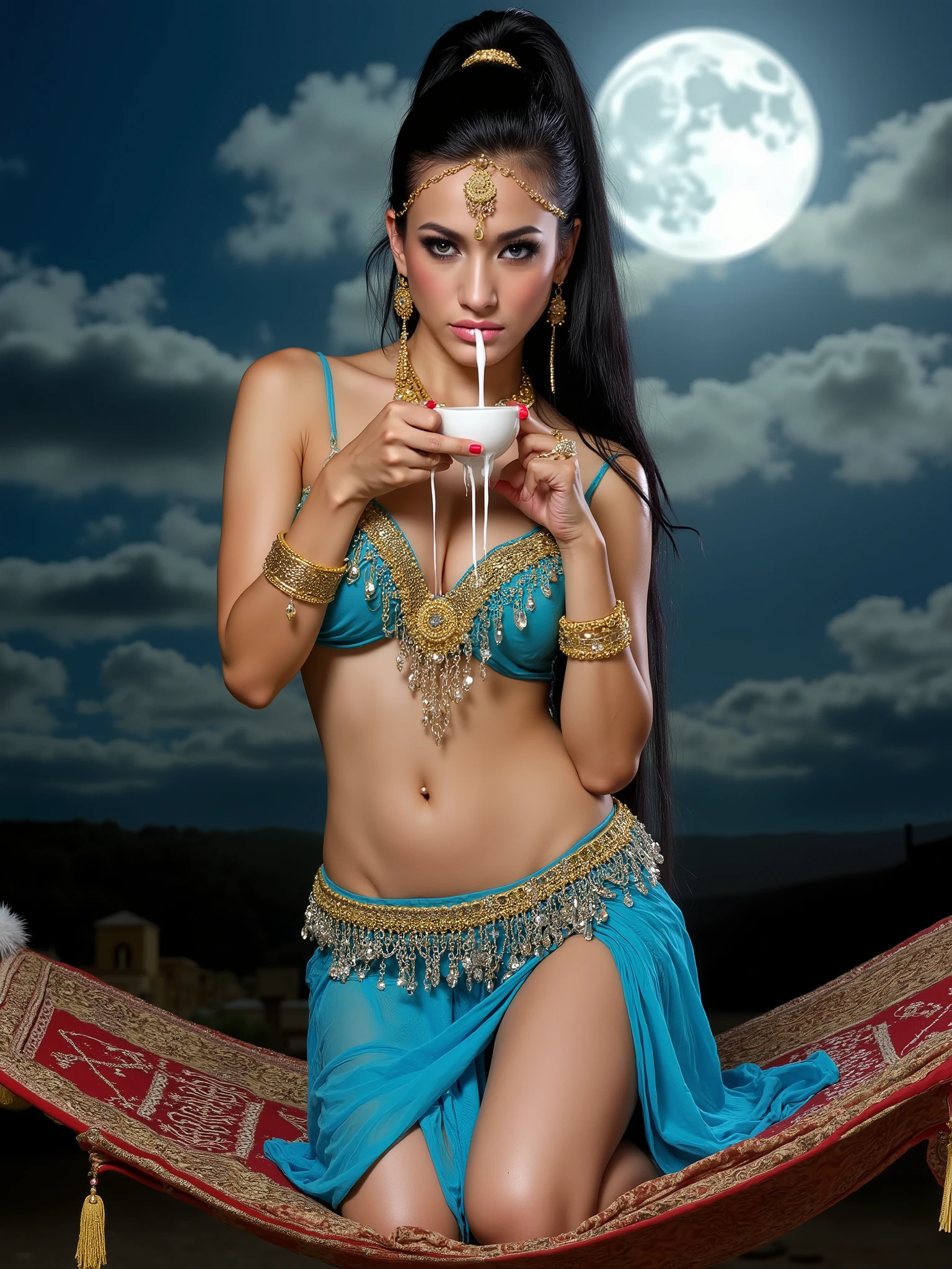 professional photography, detailed background, depth of field, 1girl, long black hair, high ponytail with golden hairband, slender body, slim body, wearing turquoise blue harem bellydance costume and face veil, gold necklace and bracelet, excessive gold jewelry, sensual pose, looking at viewer, sultry face expression, kneeling on a flying magic carpet from Arabian nights, holding dripping thick white milk with her cupped hands close to her mouth, clouds hanging in the background, a full moon brightly lit the night, realistic, masterpiece, best quality, cinematic lighting, natural shadow, highest detail, insane details, intricate, aesthetic, detailed face, subsurface scattering, anatomically correct