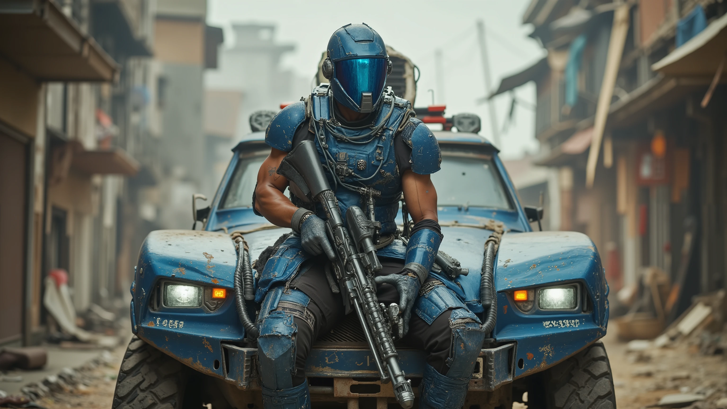 Ultra-detailed post-apocalyptic sci-fi scene. A muscular male soldier wearing a blue high-tech armored exosuit with scratched metal plates, heavy mechanical joints, and a full blue helmet with glowing visor. Sitting confidently on the hood of a rugged, battle-damaged blue futuristic vehicle with reinforced bumpers and dirt-covered tires. Blue tactical clothing stretched over his torso, cables, utility belts, and cybernetic parts integrated into his suit. He holds a large futuristic rifle with glowing modules and mechanical engravings. Background: ruined urban alleys, hazy dust, hanging fabrics, scattered debris, gritty cinematic lighting, hyper-realistic textures, dramatic shadows, dystopian atmosphere. 128k HDR.