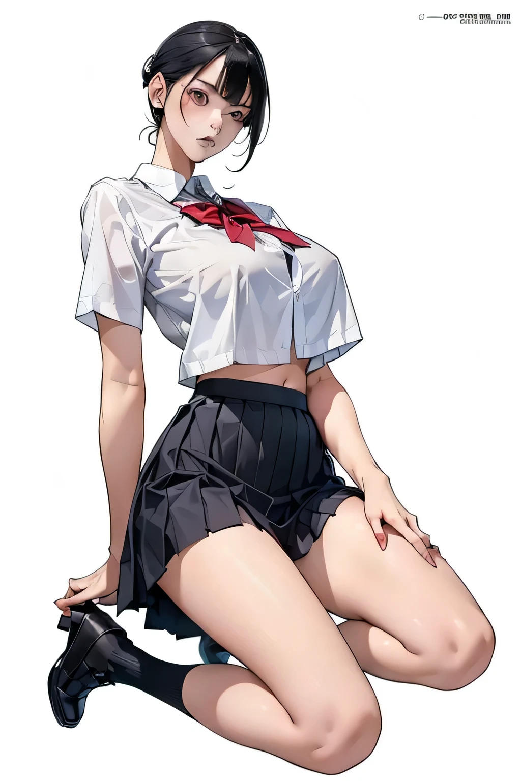 jk,source_anime, full body , Navel exposed、magazine cover, from below, white shirt、black pleated skirt、School Uniform、 chignon, big breasts、black hair, Bare Chest、sexy pose、knee up,shoot from side、 show me shoes、