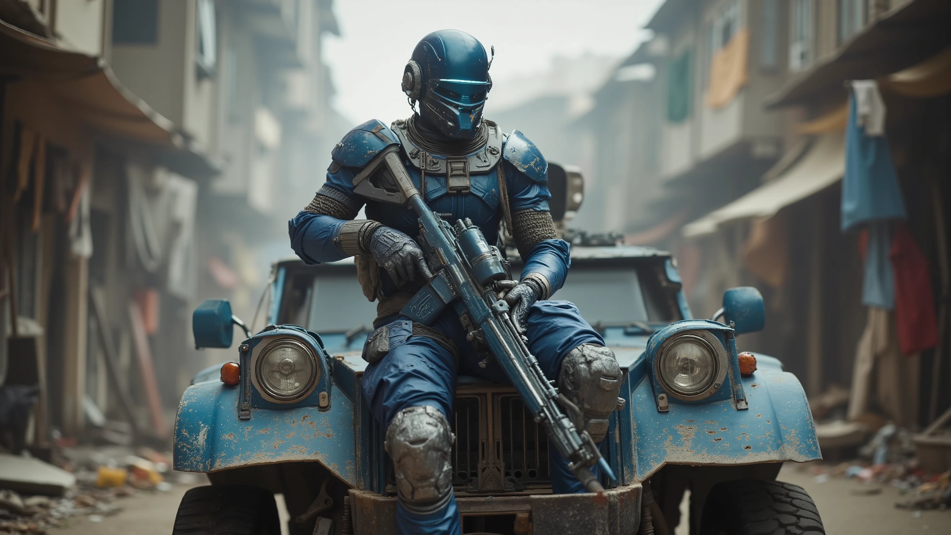 Ultra-detailed post-apocalyptic sci-fi scene. A muscular male soldier wearing a blue high-tech armored exosuit with scratched metal plates, heavy mechanical joints, and a full blue helmet with glowing visor. Sitting confidently on the hood of a rugged, battle-damaged blue futuristic vehicle with reinforced bumpers and dirt-covered tires. Blue tactical clothing stretched over his torso, cables, utility belts, and cybernetic parts integrated into his suit. He holds a large futuristic rifle with glowing modules and mechanical engravings. Background: ruined urban alleys, hazy dust, hanging fabrics, scattered debris, gritty cinematic lighting, hyper-realistic textures, dramatic shadows, dystopian atmosphere. 128k HDR.