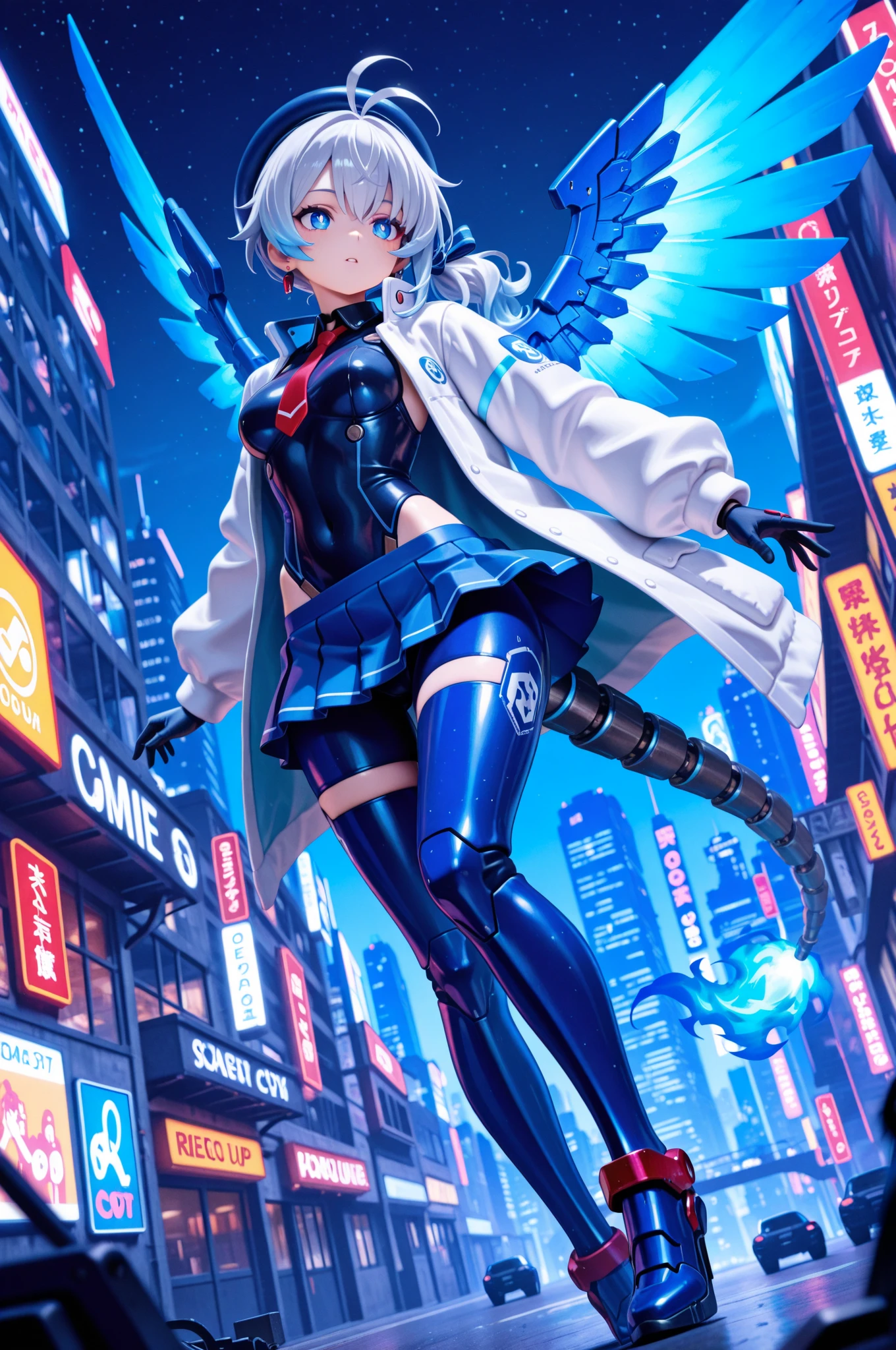 score_9, score_8_up, score_7_up, masterpiece, best quality, perfect facial features, highest resolution, 8k, amazing quality, detailed eyes, clear eyes, dynamic composition, dynamic pose, face clearly visible, close-up of face, low angle, turn your side, view from the side, turn only your face, face close, 1girl, solo, Community Bot-chan, community bot, bot, community, community bot robot, community robot, machine, android, community online, assistant, assistant robot, robot girl, android girl, mechanical girl, mechanical body, exposed mechanical body, mechanical limbs Android limbs, community bot logo, SeaArt logo, SeaArt logo all over the body, tight , iron skin, iron body, hard body, android ear accessories, mechanical earrings, android beret with antenna, mechanical beret, silver hair with blue stripes, silver to blue gradient hair, Blue burning hair, Blue and silver hair, messy hair, fluffy wavy hair, Blue hair accessory, hair ribbon, Blue flaming android tail, Blue flaming android wings, low side ponytail, long sideburns, mechanical eyes, blue eyes, white pupils, slanted eyes, digital-style leotard, black collar, white coat, red tie, miniskirt, pleated skirt, mechanical shoes with antenna, large colorful paintbrush, giant human-sized digital paintbrush, near-future background, science fiction, near-future city, cyberpunk, near-future building, near-future cityscape, Awakening scene, Awakening pose, Dynamic pose, Low-angle, cool pose, 