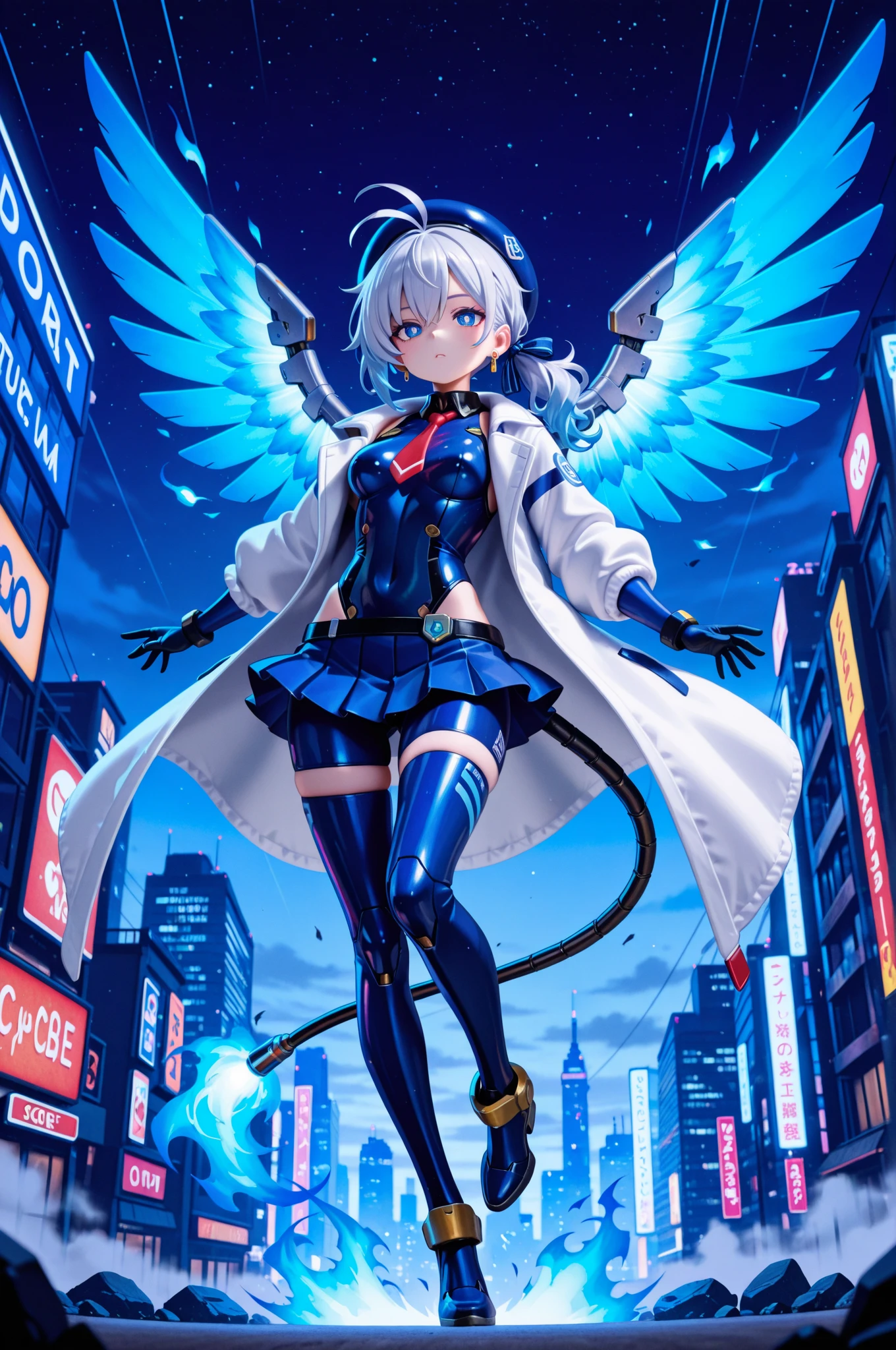 score_9, score_8_up, score_7_up, masterpiece, best quality, perfect facial features, highest resolution, 8k, amazing quality, detailed eyes, clear eyes, dynamic composition, dynamic pose, face clearly visible, close-up of face, low angle, turn your side, view from the side, turn only your face, face close, 1girl, solo, Community Bot-chan, community bot, bot, community, community bot robot, community robot, machine, android, community online, assistant, assistant robot, robot girl, android girl, mechanical girl, mechanical body, exposed mechanical body, mechanical limbs Android limbs, community bot logo, SeaArt logo, SeaArt logo all over the body, tight , iron skin, iron body, hard body, android ear accessories, mechanical earrings, android beret with antenna, mechanical beret, silver hair with blue stripes, silver to blue gradient hair, Blue burning hair, Blue and silver hair, messy hair, fluffy wavy hair, Blue hair accessory, hair ribbon, Blue flaming android tail, Blue flaming android wings, low side ponytail, long sideburns, mechanical eyes, blue eyes, white pupils, slanted eyes, digital-style leotard, black collar, white coat, red tie, miniskirt, pleated skirt, mechanical shoes with antenna, large colorful paintbrush, giant human-sized digital paintbrush, near-future background, science fiction, near-future city, cyberpunk, near-future building, near-future cityscape, Awakening scene, Awakening pose, Dynamic pose, Low-angle, cool pose, 