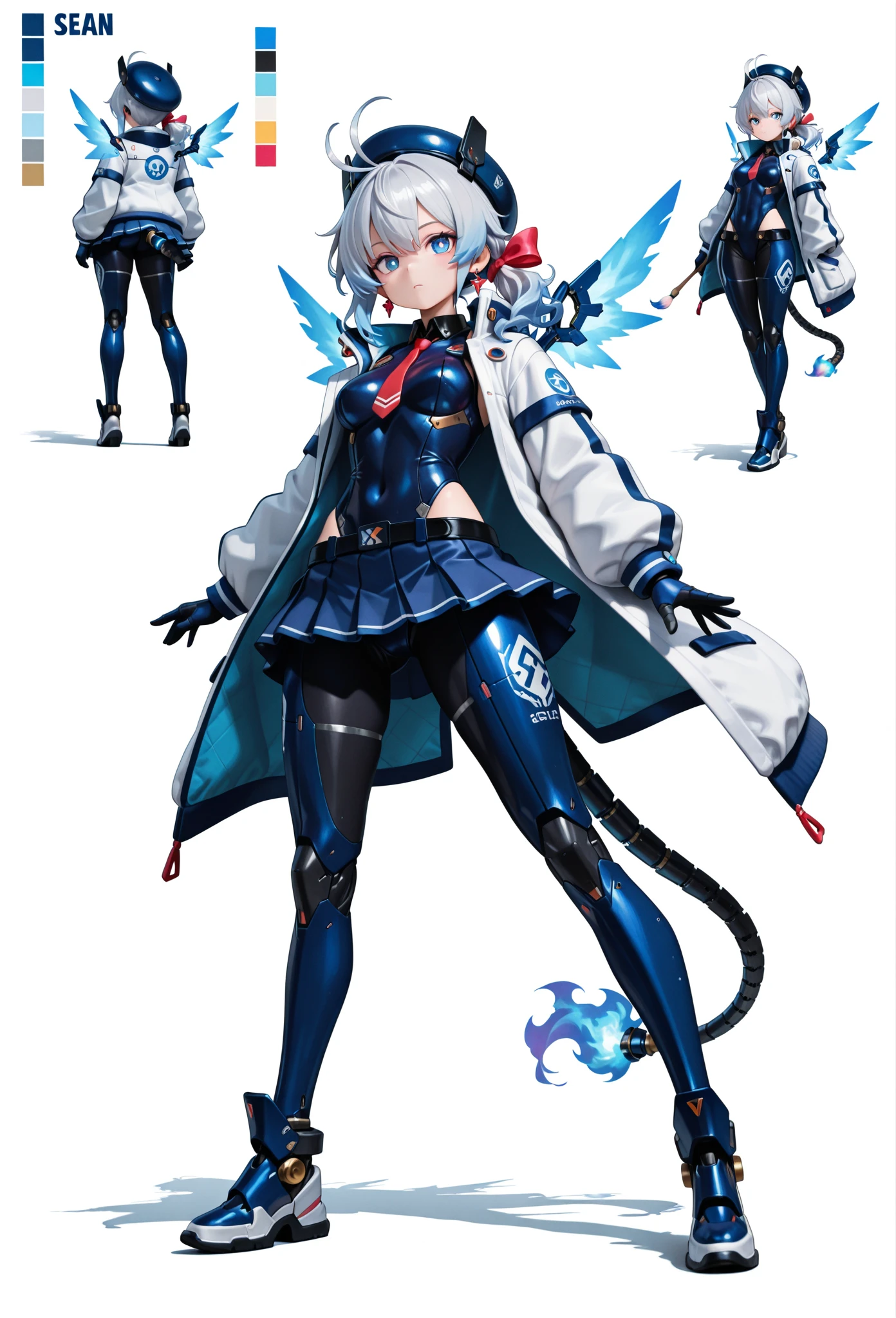 score_9, score_8_up, score_7_up, masterpiece, best quality, perfect facial features, highest resolution, 8k, amazing quality, detailed eyes, clear eyes, dynamic composition, dynamic pose, face clearly visible, close-up of face, low angle, turn your side, view from the side, turn only your face, face close, 1girl, solo, Community Bot-chan, community bot, bot, community, community bot robot, community robot, machine, android, community online, assistant, assistant robot, robot girl, android girl, mechanical girl, mechanical body, exposed mechanical body, mechanical limbs Android limbs, community bot logo, SeaArt logo, SeaArt logo all over the body, tight , iron skin, iron body, hard body, android ear accessories, mechanical earrings, android beret with antenna, mechanical beret, silver hair with blue stripes, silver to blue gradient hair, Blue burning hair, Blue and silver hair, messy hair, fluffy wavy hair, Blue hair accessory, hair ribbon, Blue flaming android tail, Blue flaming android wings, low side ponytail, long sideburns, mechanical eyes, blue eyes, white pupils, slanted eyes, digital-style leotard, black collar, white coat, red tie, miniskirt, pleated skirt, mechanical shoes with antenna, large colorful paintbrush, giant human-sized digital paintbrush, near-future background, science fiction, near-future city, cyberpunk, near-future building, near-future cityscape, Awakening scene, Awakening pose, Dynamic pose, Low-angle, cool pose, 