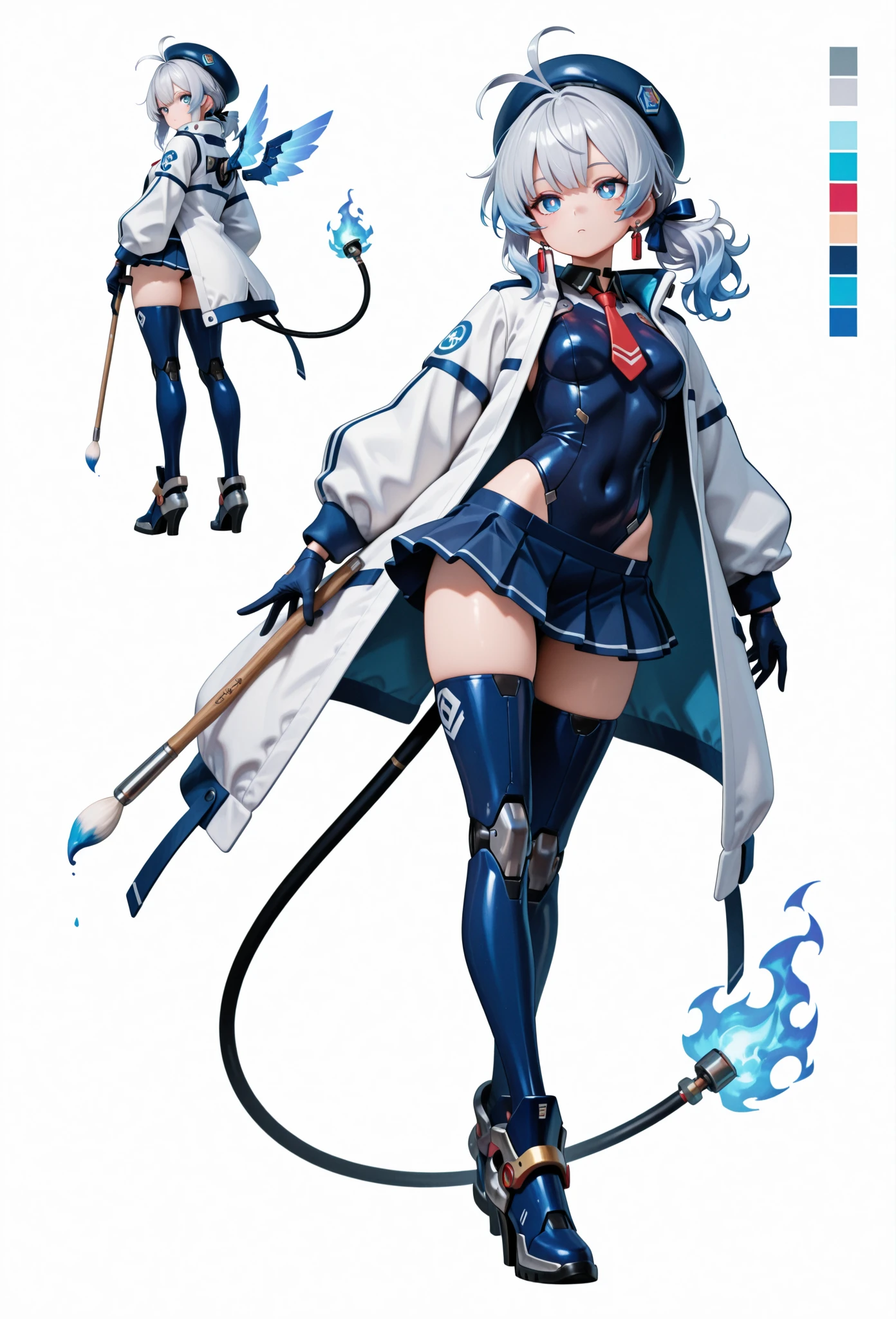 score_9, score_8_up, score_7_up, masterpiece, best quality, perfect facial features, highest resolution, 8k, amazing quality, detailed eyes, clear eyes, dynamic composition, dynamic pose, face clearly visible, close-up of face, low angle, turn your side, view from the side, turn only your face, face close, 1girl, solo, Community Bot-chan, community bot, bot, community, community bot robot, community robot, machine, android, community online, assistant, assistant robot, robot girl, android girl, mechanical girl, mechanical body, exposed mechanical body, mechanical limbs Android limbs, community bot logo, SeaArt logo, SeaArt logo all over the body, tight , iron skin, iron body, hard body, android ear accessories, mechanical earrings, android beret with antenna, mechanical beret, silver hair with blue stripes, silver to blue gradient hair, Blue burning hair, Blue and silver hair, messy hair, fluffy wavy hair, Blue hair accessory, hair ribbon, Blue flaming android tail, Blue flaming android wings, low side ponytail, long sideburns, mechanical eyes, blue eyes, white pupils, slanted eyes, digital-style leotard, black collar, white coat, red tie, miniskirt, pleated skirt, mechanical shoes with antenna, large colorful paintbrush, giant human-sized digital paintbrush, near-future background, science fiction, near-future city, cyberpunk, near-future building, near-future cityscape, Awakening scene, Awakening pose, Dynamic pose, Low-angle, cool pose, 