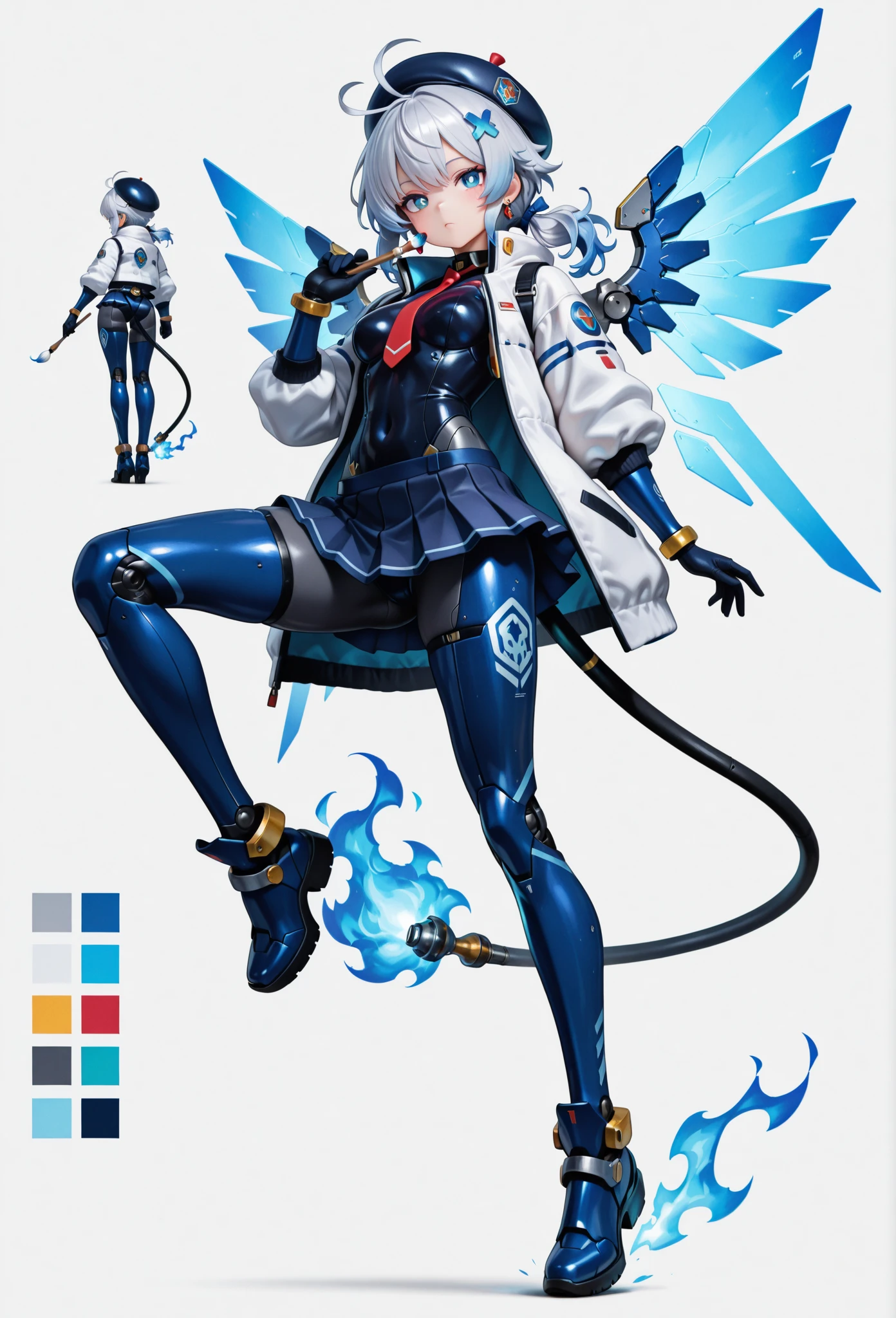 score_9, score_8_up, score_7_up, masterpiece, best quality, perfect facial features, highest resolution, 8k, amazing quality, detailed eyes, clear eyes, dynamic composition, dynamic pose, face clearly visible, close-up of face, low angle, turn your side, view from the side, turn only your face, face close, 1girl, solo, Community Bot-chan, community bot, bot, community, community bot robot, community robot, machine, android, community online, assistant, assistant robot, robot girl, android girl, mechanical girl, mechanical body, exposed mechanical body, mechanical limbs Android limbs, community bot logo, SeaArt logo, SeaArt logo all over the body, tight , iron skin, iron body, hard body, android ear accessories, mechanical earrings, android beret with antenna, mechanical beret, silver hair with blue stripes, silver to blue gradient hair, Blue burning hair, Blue and silver hair, messy hair, fluffy wavy hair, Blue hair accessory, hair ribbon, Blue flaming android tail, Blue flaming android wings, low side ponytail, long sideburns, mechanical eyes, blue eyes, white pupils, slanted eyes, digital-style leotard, black collar, white coat, red tie, miniskirt, pleated skirt, mechanical shoes with antenna, large colorful paintbrush, giant human-sized digital paintbrush, near-future background, science fiction, near-future city, cyberpunk, near-future building, near-future cityscape, Awakening scene, Awakening pose, Dynamic pose, Low-angle, cool pose, 