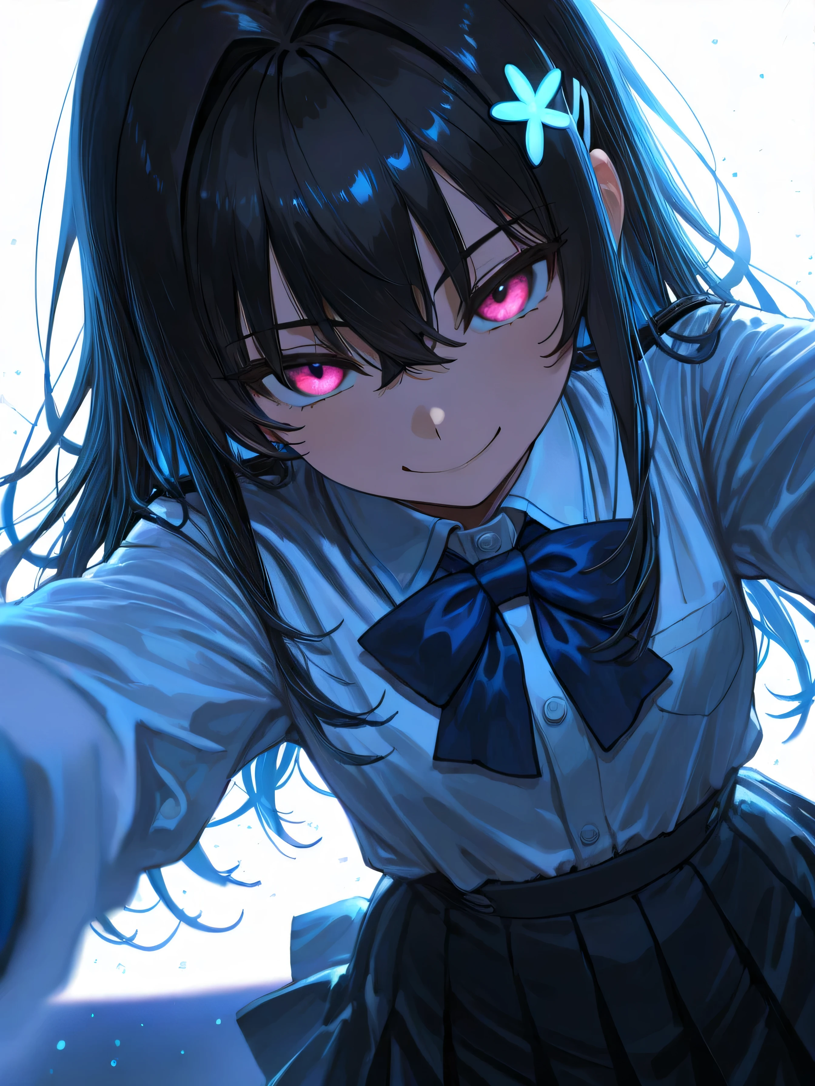 masterpiece, sharp detail, Intricate Details, 
1girl,long My hair,shirt,bowtie white My hair , Pink eyes, white_shirt,Blue_bow,Pink_My hairclip,My hair intakes,straight_My hair,skirt
視聴者を見つめる, smile, peace_ sign 

  
(white Background:1.5),Star, abstract Background,Pink_Background, face_light,backlight, (dynamic pose, dynamic angle, dynamic composition), 
volume lighting, sunlight filtering through the trees, Dramatic Shadow, cinematic lighting, detailed Background, Contrast between light and shadow, Color Depth, Stunning shading, A striking photo, depth of field, ambient occlusion, blurry foreground, Glowing light particles, Blue light particles,   masterpiece 、 Sharp Details 、 Intricate Details 、 1 girl 、 長いMy hair 、 shirt 、 bow tie、whiteいMy hair 、 Pink の目 、 whiteいshirt 、 blue ribbon 、Pinkの ヘアクリップ 、、 straight hair 、 skirt、look at who sees it 、 Smile Yan 、 ピース sign（from the front 、 : 1.5 ） <lora:xmc_v0.3_noobai_cwhj : 0.1 > <lora:cryostyle:0.1 > <lora:shinyskinillv1:0 . 1> (whiteいBackground: 1.5 ) 、 star 、 抽象的なBackground 、 PinkのBackground 、 faceライト 、 backlight 、 (dynamic pose 、 dynamic angle 、 Dynamic Composition) 、 voluminous lighting 、mottled light 、Dramatic shadows 、 Cinematic Lighting 、 詳細なBackground 、 Contrast between light and shadow 、 Depth of color  、stunning shading 、 impactful images 、 depth of field 、 ambient occlusion 、 blurry foreground 、 Glowing light particles 、 Blue Light Particles 、 <lora:V2_yakumo_alchemy:1> <lora:darkness_xl_v20:-0 . 15> <lora:backlighting_il_2_d16:0 . 3> 