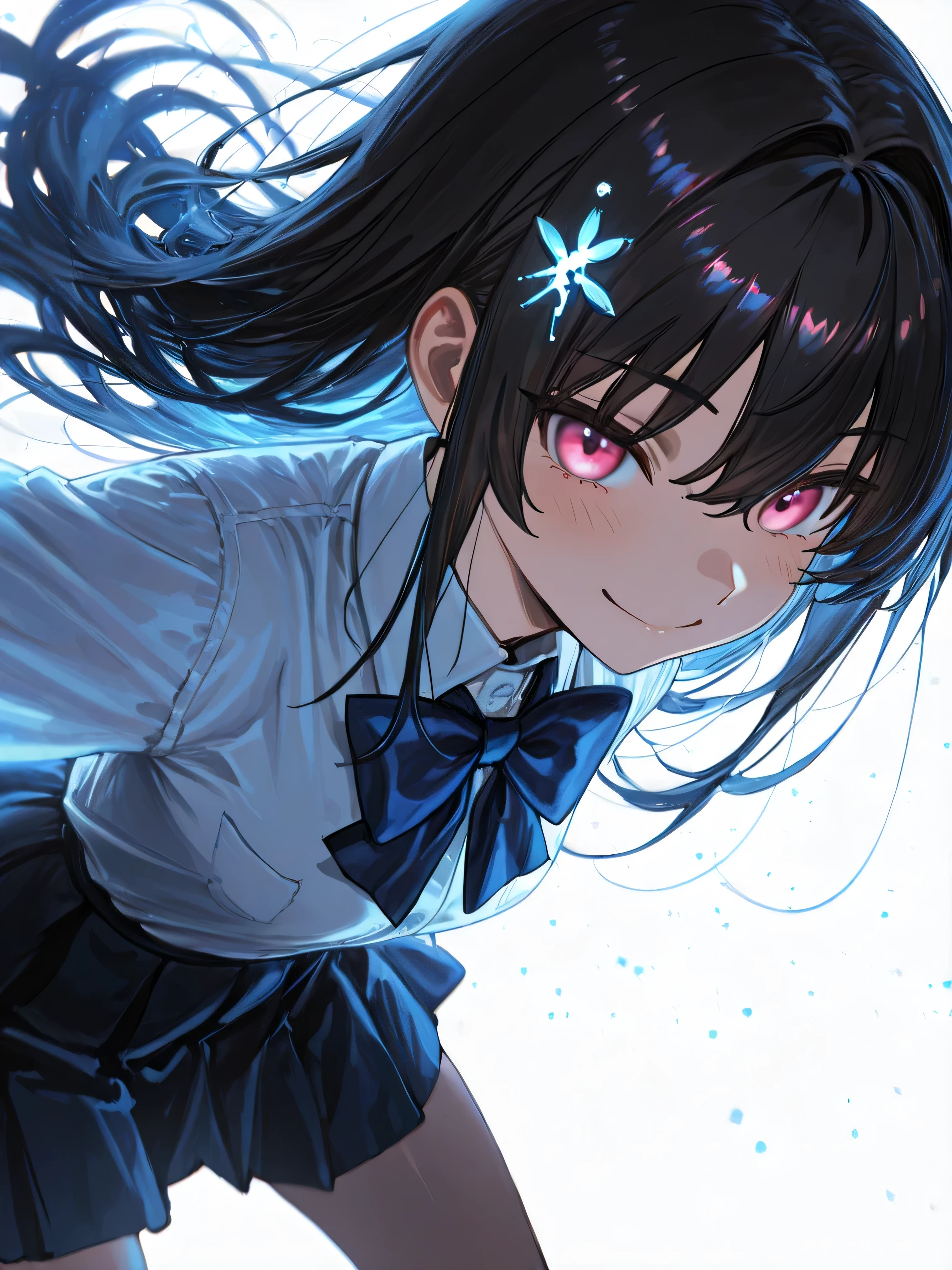 masterpiece, sharp detail, Intricate Details, 
1girl,long My hair,shirt,bowtie white My hair , Pink eyes, white_shirt,Blue_bow,Pink_My hairclip,My hair intakes,straight_My hair,skirt
視聴者を見つめる, smile, peace_ sign 

  
(white Background:1.5),Star, abstract Background,Pink_Background, face_light,backlight, (dynamic pose, dynamic angle, dynamic composition), 
volume lighting, sunlight filtering through the trees, Dramatic Shadow, cinematic lighting, detailed Background, Contrast between light and shadow, Color Depth, Stunning shading, A striking photo, depth of field, ambient occlusion, blurry foreground, Glowing light particles, Blue light particles,   masterpiece 、 Sharp Details 、 Intricate Details 、 1 girl 、 長いMy hair 、 shirt 、 bow tie、whiteいMy hair 、 Pink の目 、 whiteいshirt 、 blue ribbon 、Pinkの ヘアクリップ 、、 straight hair 、 skirt、look at who sees it 、 Smile Yan 、 ピース sign（from the front 、 : 1.5 ） <lora:xmc_v0.3_noobai_cwhj : 0.1 > <lora:cryostyle:0.1 > <lora:shinyskinillv1:0 . 1> (whiteいBackground: 1.5 ) 、 star 、 抽象的なBackground 、 PinkのBackground 、 faceライト 、 backlight 、 (dynamic pose 、 dynamic angle 、 Dynamic Composition) 、 voluminous lighting 、mottled light 、Dramatic shadows 、 Cinematic Lighting 、 詳細なBackground 、 Contrast between light and shadow 、 Depth of color  、stunning shading 、 impactful images 、 depth of field 、 ambient occlusion 、 blurry foreground 、 Glowing light particles 、 Blue Light Particles 、 <lora:V2_yakumo_alchemy:1> <lora:darkness_xl_v20:-0 . 15> <lora:backlighting_il_2_d16:0 . 3> 