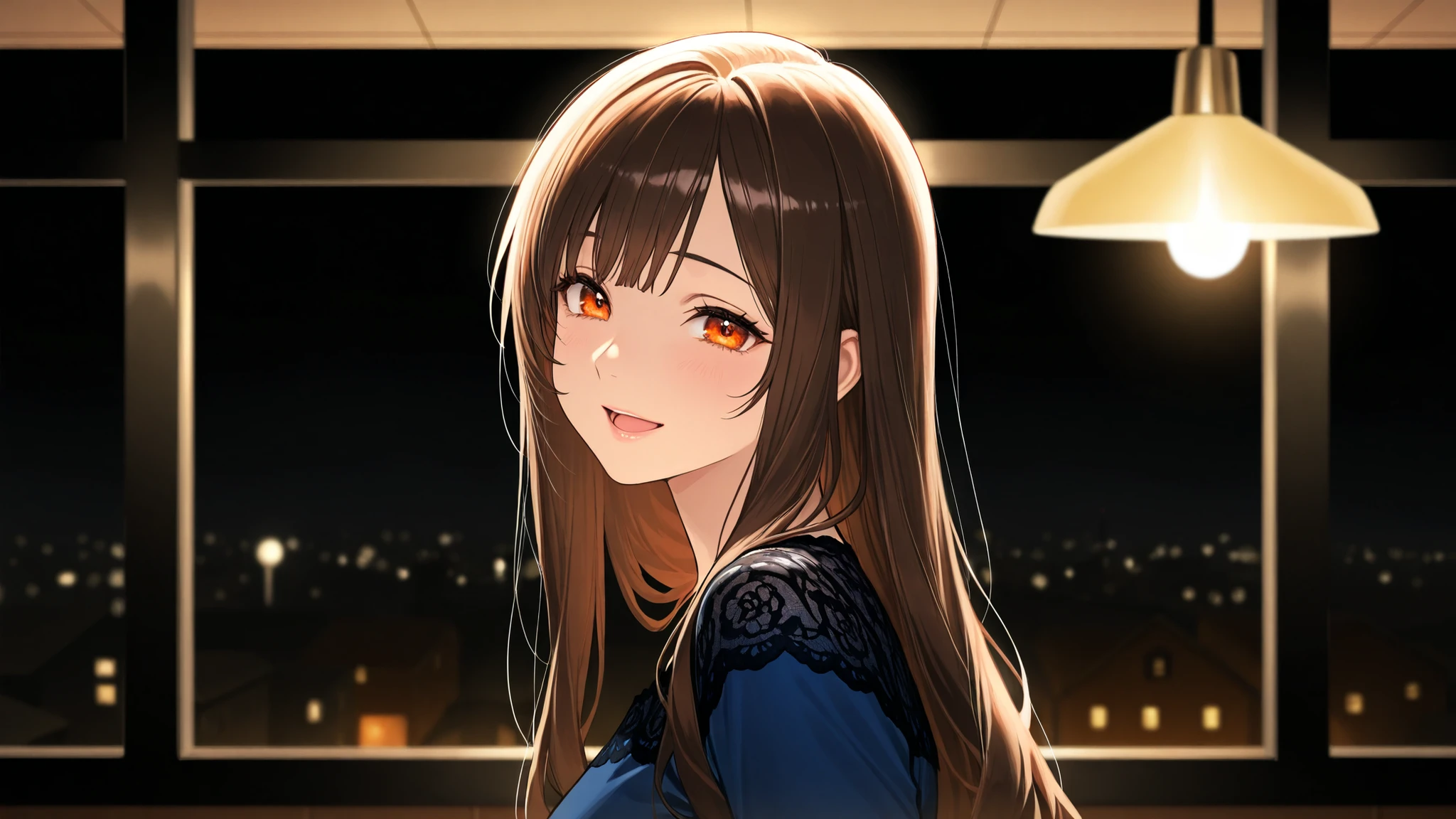 1 girl, alone, brown hair, long, , looking at viewer, smile, bangs, brown hair, blue dress, jewelry, , closed mouth, yellow eyes, red lips,