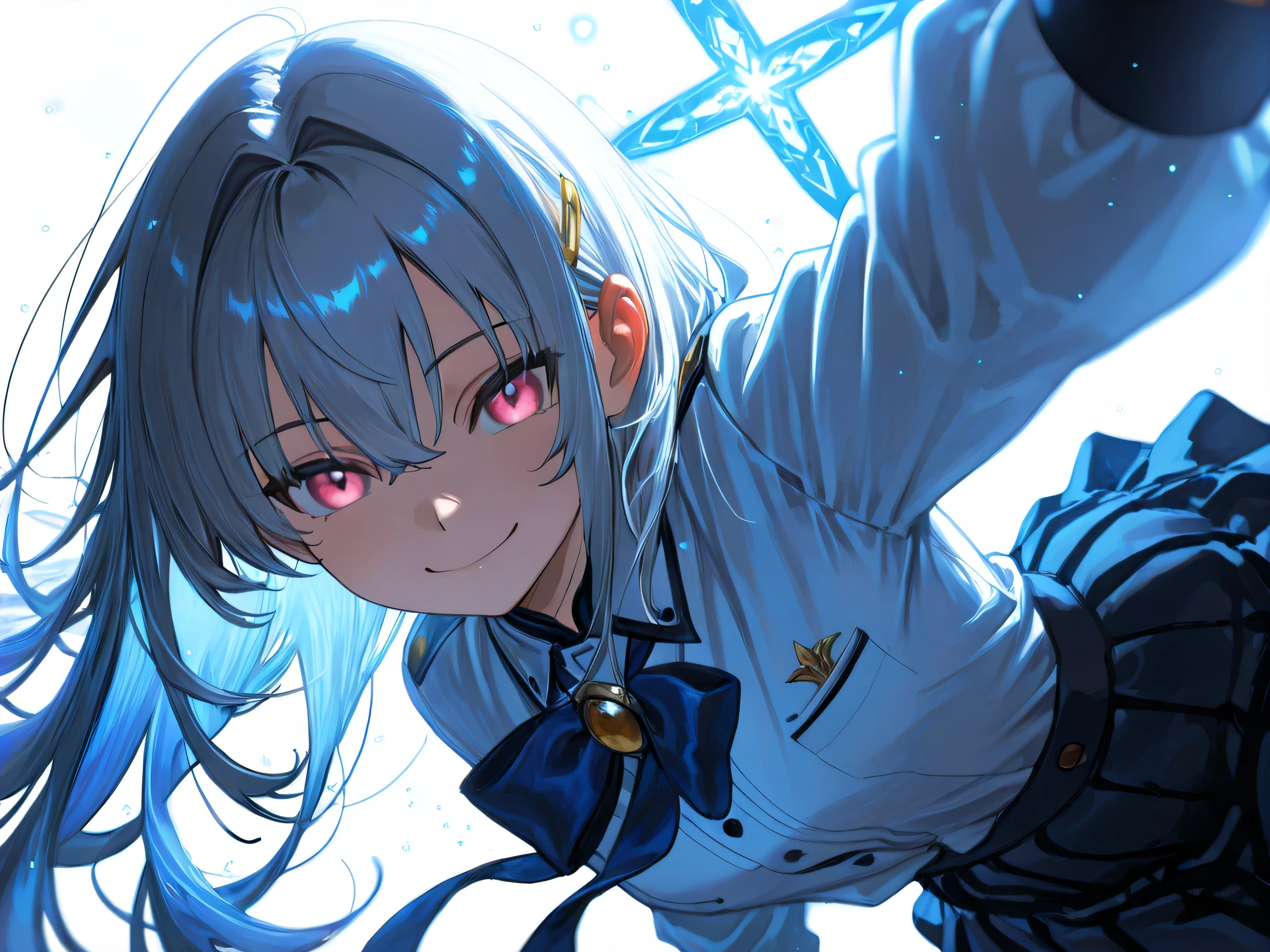 masterpiece, sharp detail, Intricate Details, 
1girl,long My hair,shirt,bowtie white My hair , Pink eyes, white_shirt,Blue_bow,Pink_My hairclip,My hair intakes,straight_My hair,skirt
視聴者を見つめる, smile, peace_ sign 

  
(white Background:1.5),Star, abstract Background,Pink_Background, face_light,backlight, (dynamic pose, dynamic angle, dynamic composition), 
volume lighting, sunlight filtering through the trees, Dramatic Shadow, cinematic lighting, detailed Background, Contrast between light and shadow, Color Depth, Stunning shading, A striking photo, depth of field, ambient occlusion, blurry foreground, Glowing light particles, Blue light particles,   masterpiece 、 Sharp Details 、 Intricate Details 、 1 girl 、 長いMy hair 、 shirt 、 bow tie、whiteいMy hair 、 Pink の目 、 whiteいshirt 、 blue ribbon 、Pinkの ヘアクリップ 、、 straight hair 、 skirt、look at who sees it 、 Smile Yan 、 ピース sign（from the front 、 : 1.5 ） <lora:xmc_v0.3_noobai_cwhj : 0.1 > <lora:cryostyle:0.1 > <lora:shinyskinillv1:0 . 1> (whiteいBackground: 1.5 ) 、 star 、 抽象的なBackground 、 PinkのBackground 、 faceライト 、 backlight 、 (dynamic pose 、 dynamic angle 、 Dynamic Composition) 、 voluminous lighting 、mottled light 、Dramatic shadows 、 Cinematic Lighting 、 詳細なBackground 、 Contrast between light and shadow 、 Depth of color  、stunning shading 、 impactful images 、 depth of field 、 ambient occlusion 、 blurry foreground 、 Glowing light particles 、 Blue Light Particles 、 <lora:V2_yakumo_alchemy:1> <lora:darkness_xl_v20:-0 . 15> <lora:backlighting_il_2_d16:0 . 3> 