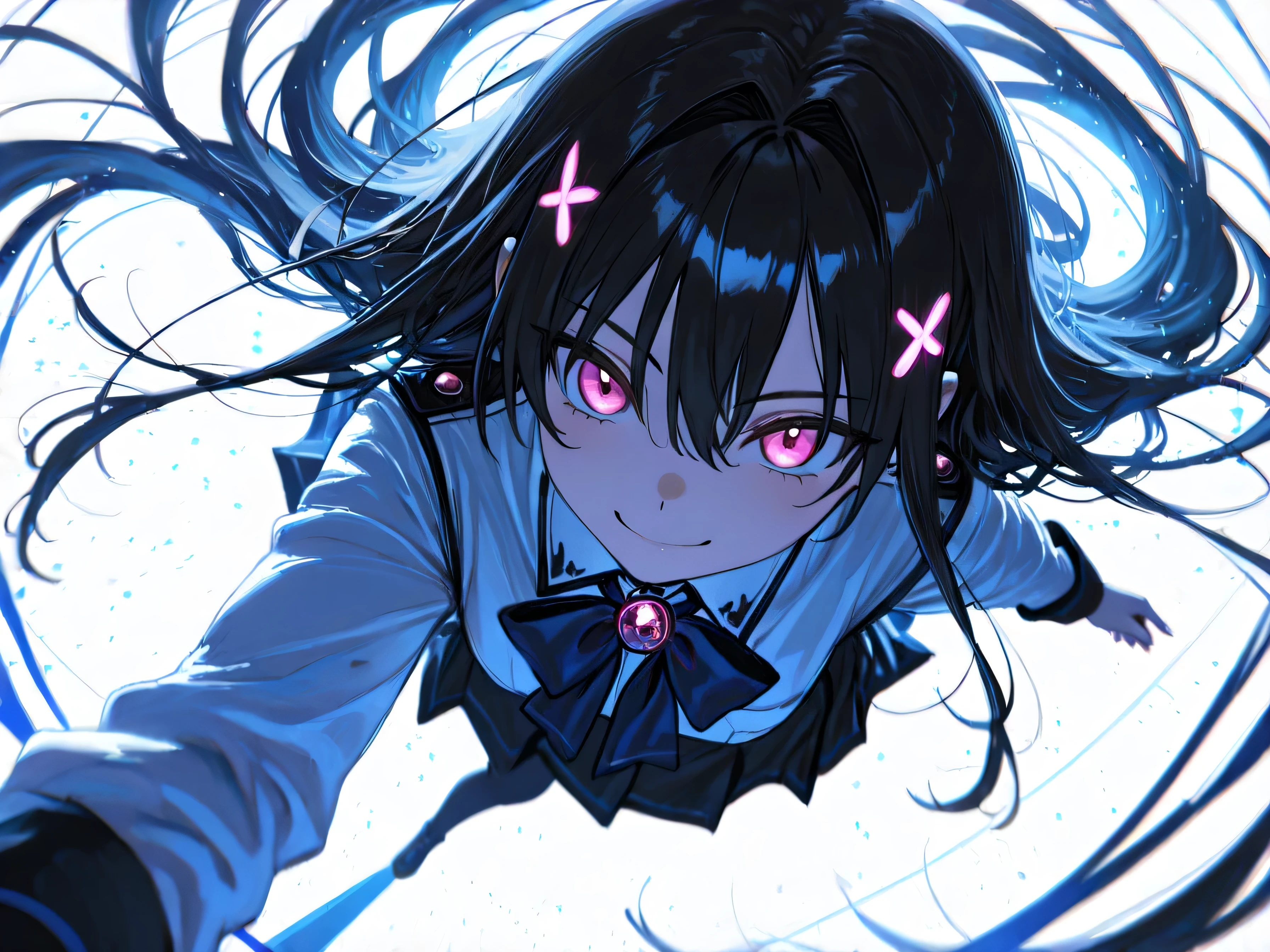 masterpiece, sharp detail, Intricate Details, 
1girl,long My hair,shirt,bowtie white My hair , Pink eyes, white_shirt,Blue_bow,Pink_My hairclip,My hair intakes,straight_My hair,skirt
視聴者を見つめる, smile, peace_ sign 

  
(white Background:1.5),Star, abstract Background,Pink_Background, face_light,backlight, (dynamic pose, dynamic angle, dynamic composition), 
volume lighting, sunlight filtering through the trees, Dramatic Shadow, cinematic lighting, detailed Background, Contrast between light and shadow, Color Depth, Stunning shading, A striking photo, depth of field, ambient occlusion, blurry foreground, Glowing light particles, Blue light particles,   masterpiece 、 Sharp Details 、 Intricate Details 、 1 girl 、 長いMy hair 、 shirt 、 bow tie、whiteいMy hair 、 Pink の目 、 whiteいshirt 、 blue ribbon 、Pinkの ヘアクリップ 、、 straight hair 、 skirt、look at who sees it 、 Smile Yan 、 ピース sign（from the front 、 : 1.5 ） <lora:xmc_v0.3_noobai_cwhj : 0.1 > <lora:cryostyle:0.1 > <lora:shinyskinillv1:0 . 1> (whiteいBackground: 1.5 ) 、 star 、 抽象的なBackground 、 PinkのBackground 、 faceライト 、 backlight 、 (dynamic pose 、 dynamic angle 、 Dynamic Composition) 、 voluminous lighting 、mottled light 、Dramatic shadows 、 Cinematic Lighting 、 詳細なBackground 、 Contrast between light and shadow 、 Depth of color  、stunning shading 、 impactful images 、 depth of field 、 ambient occlusion 、 blurry foreground 、 Glowing light particles 、 Blue Light Particles 、 <lora:V2_yakumo_alchemy:1> <lora:darkness_xl_v20:-0 . 15> <lora:backlighting_il_2_d16:0 . 3> 