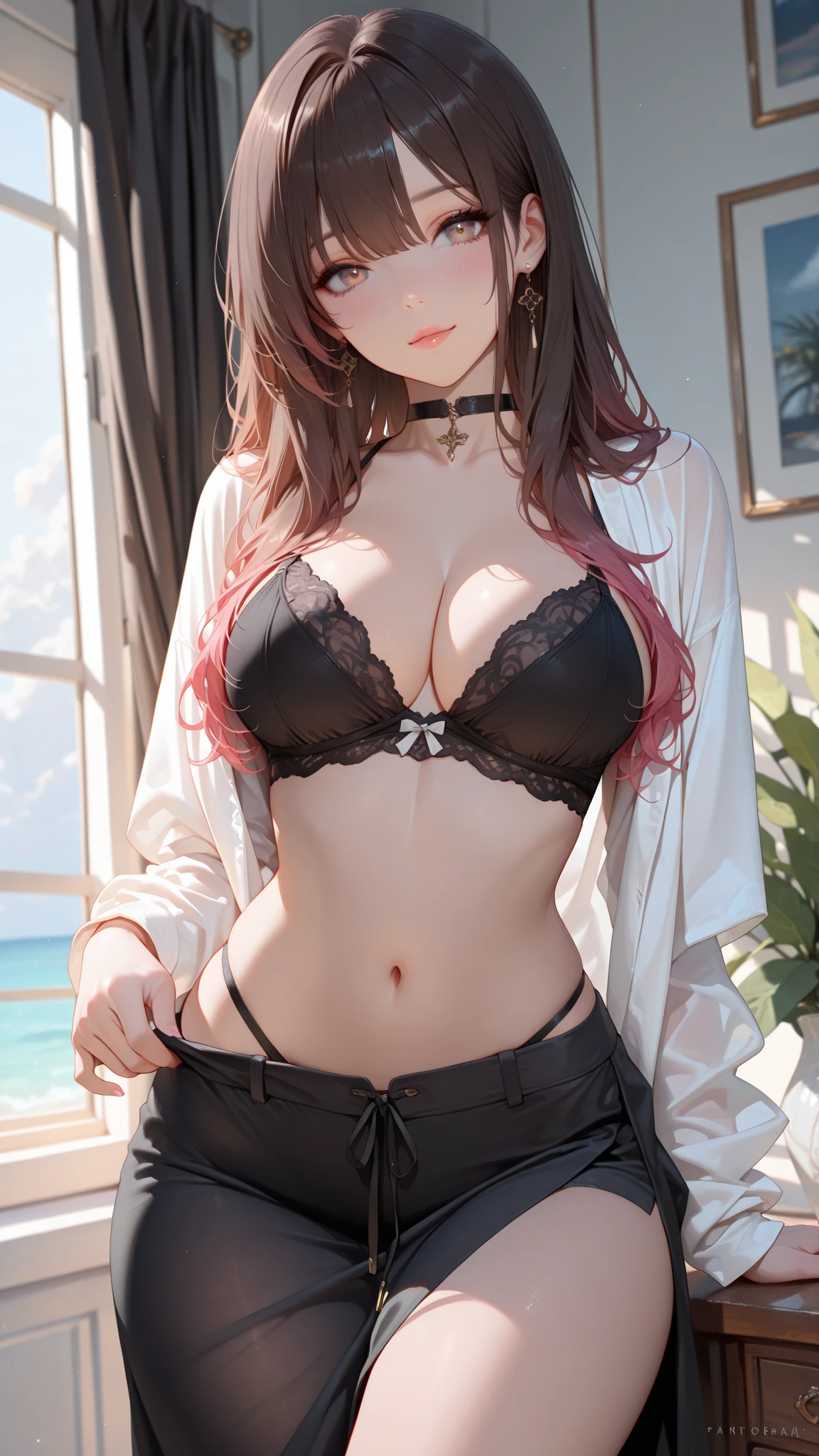 <lora:black_see-through_bodysuit_plus_LaceBra:0.85>  <lora:add_detail:0.5> ((HDR, best quality, masterpiece, detailed, High Resolution)), cleavage, shine, solo, blush, woman, thigh, choker, (bright dyed hair, hair over one eye), huge breasts, nsfw, 1girl, black see-through bodysuit, lace bra, highleg panties,  (unbuttoned leather coat:1.2)