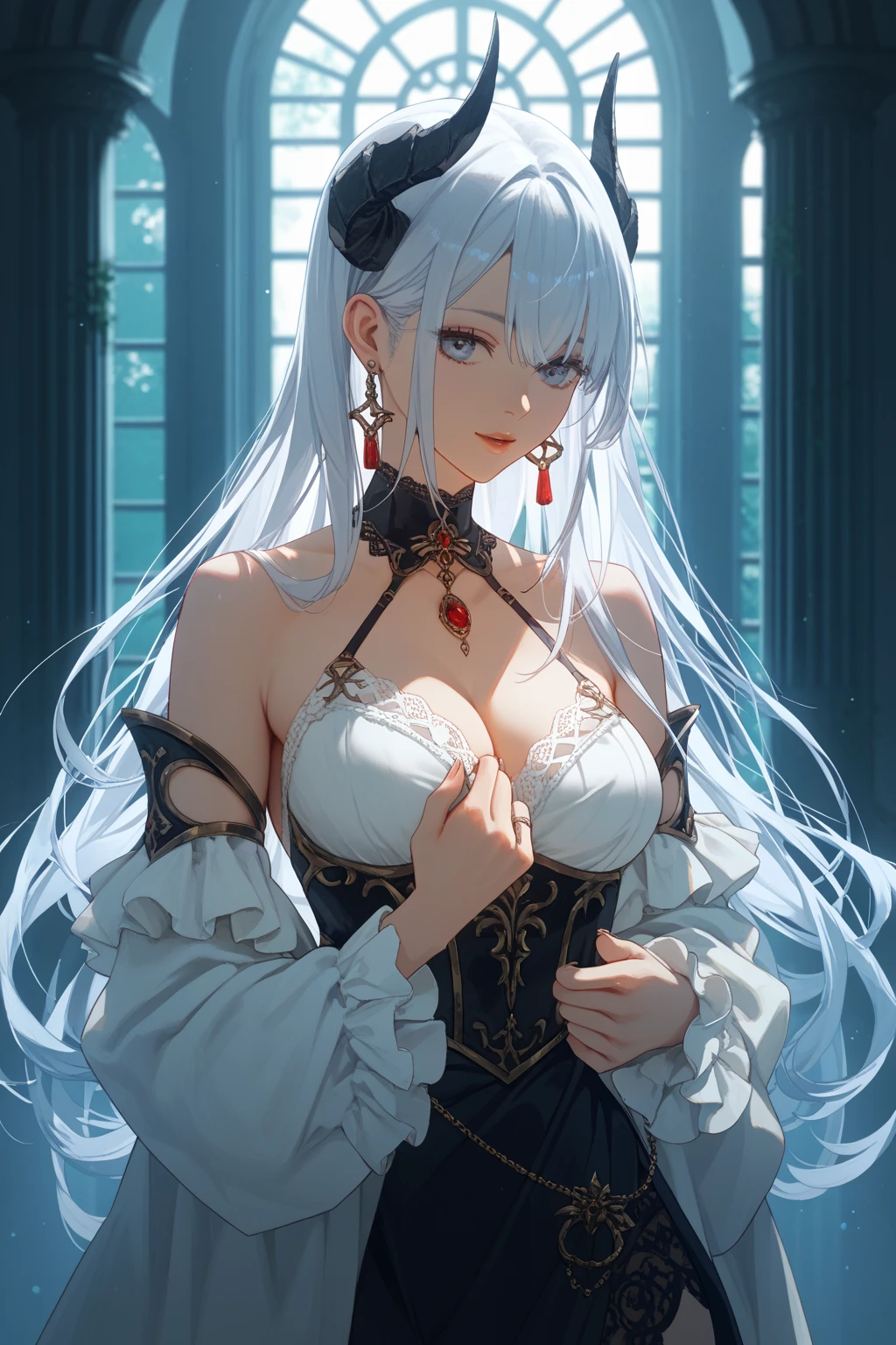 (best quality:1.1), (Masterpiece:1.2), Grand Duke lady, Shiny white hair, red eyes, long hair, ใบหน้าbeautiful, luxary dress, Big breasts, beautiful, collarbone, open chest, Bright face,  Royal high, hall background, เครื่องประดับหรูหรา ((Highest quality, Best Performance, Maximum details, Light and shadow details:1.2, 4k details))
