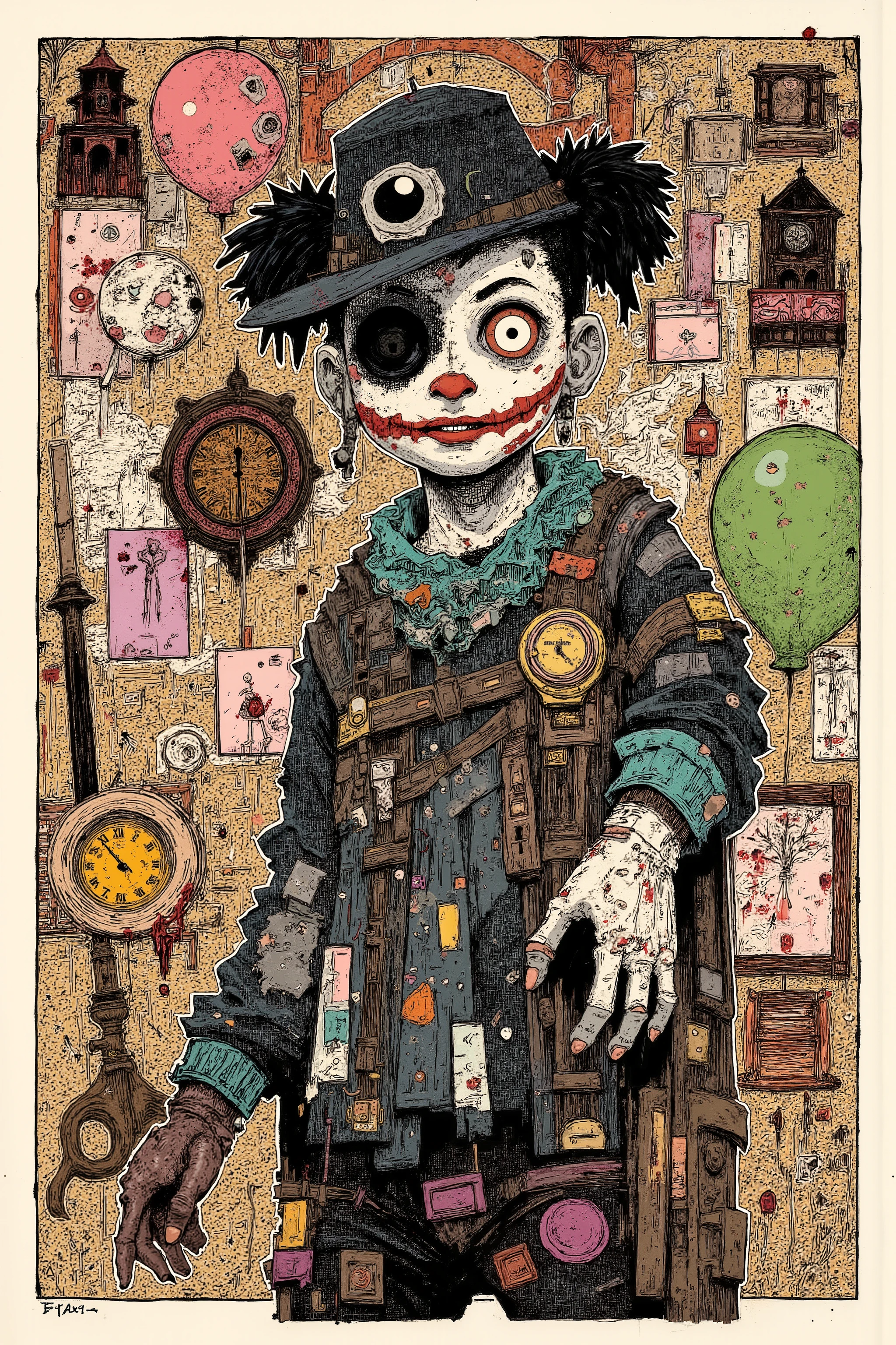 black and white, The paint on the face is peeling,flow down in the shape of tears,asymmetrical design,One eye is abnormally large,And one eye shines like a glass ball,Costumes with holes、Old Jester Outfit with Stains、Clothes that don't match(Contrast between vivid and dull colors),with a drawn smile,The corner of the mouth is abnormally raised,surreal collage, a contemporary artistic collage, collage artwork, new album jacket , great job ! , digital collage, ( collage ), collage art, contemporary collage, mixed media collage,surreal +High Resolution,surreal style,convertible, The Inner World of the Autism Spectrum ,viewers,Bloodstained Balloons,clock,Broken Mirror,Bloody Scissors,Broken Music Box