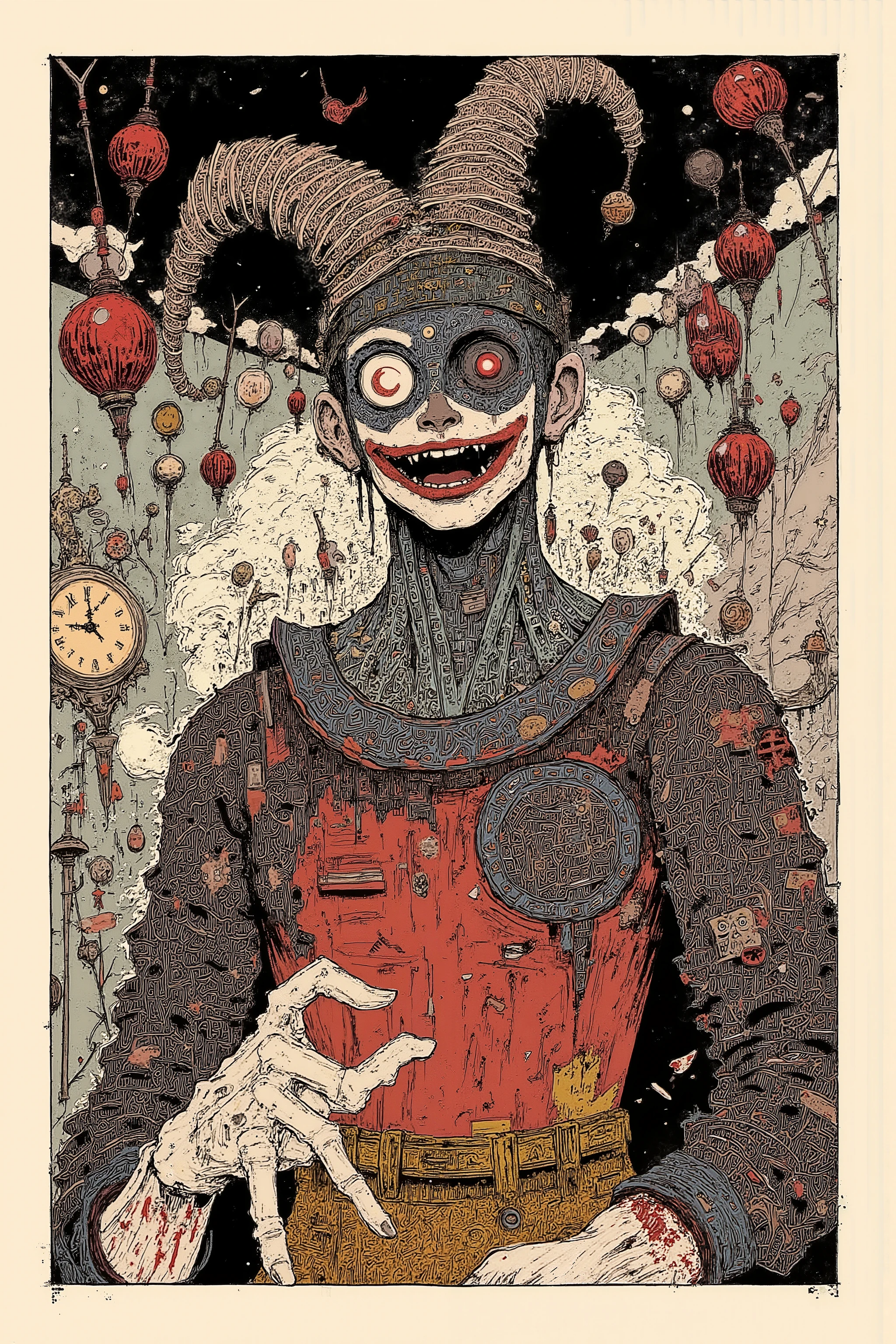 black and white, The paint on the face is peeling,flow down in the shape of tears,asymmetrical design,One eye is abnormally large,And one eye shines like a glass ball,Costumes with holes、Old Jester Outfit with Stains、Clothes that don't match(Contrast between vivid and dull colors),with a drawn smile,The corner of the mouth is abnormally raised,surreal collage, a contemporary artistic collage, collage artwork, new album jacket , great job ! , digital collage, ( collage ), collage art, contemporary collage, mixed media collage,surreal +High Resolution,surreal style,convertible, The Inner World of the Autism Spectrum ,viewers,Bloodstained Balloons,clock,Broken Mirror,Bloody Scissors,Broken Music Box