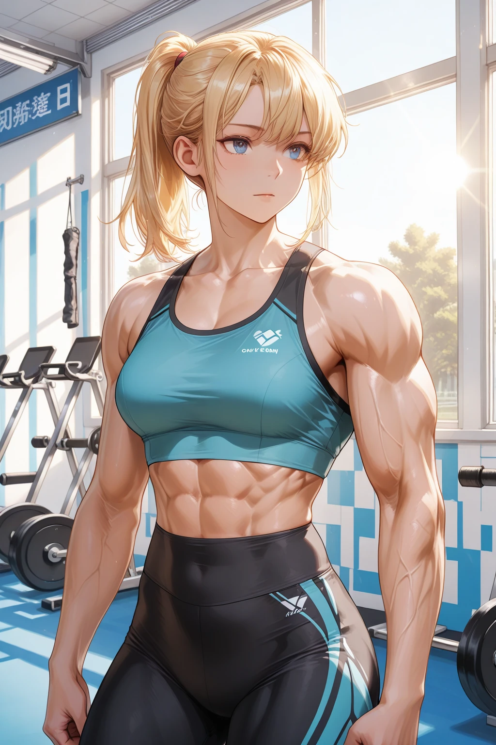 （Sweat, White skin:1.5、Light gray sports bra, Wet clothing）, , Brand logo on the bra, Fitness, Bodybuilding Poses, ((ブラにSweat染み:1.5, Wet clothing))
