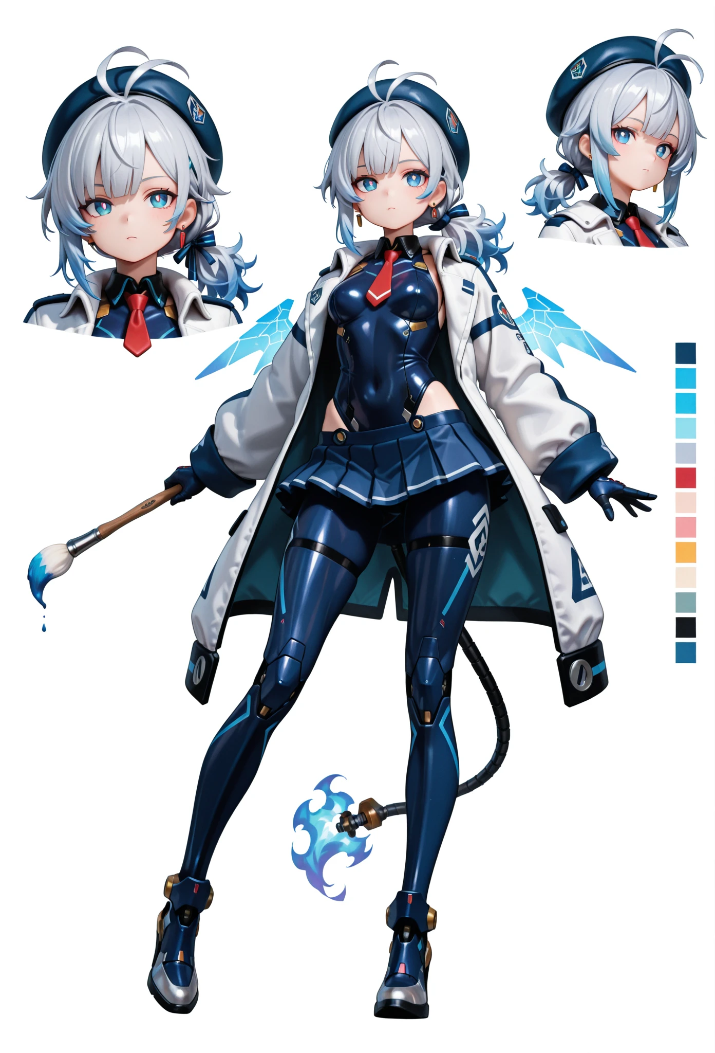 score_9, score_8_up, score_7_up, masterpiece, best quality, perfect facial features, highest resolution, 8k, amazing quality, detailed eyes, clear eyes, dynamic composition, dynamic pose, face clearly visible, close-up of face, low angle, turn your side, view from the side, turn only your face, face close, 1girl, solo, Community Bot-chan, community bot, bot, community, community bot robot, community robot, machine, android, community online, assistant, assistant robot, robot girl, android girl, mechanical girl, mechanical body, exposed mechanical body, mechanical limbs Android limbs, community bot logo, SeaArt logo, SeaArt logo all over the body, tight , iron skin, iron body, hard body, android ear accessories, mechanical earrings, android beret with antenna, mechanical beret, silver hair with blue stripes, silver to blue gradient hair, Blue burning hair, Blue and silver hair, messy hair, fluffy wavy hair, Blue hair accessory, hair ribbon, Blue flaming android tail, Blue flaming android wings, low side ponytail, long sideburns, mechanical eyes, blue eyes, white pupils, slanted eyes, digital-style leotard, black collar, white coat, red tie, miniskirt, pleated skirt, mechanical shoes with antenna, large colorful paintbrush, giant human-sized digital paintbrush, near-future background, science fiction, near-future city, cyberpunk, near-future building, near-future cityscape, Awakening scene, Awakening pose, Dynamic pose, Low-angle, cool pose, 