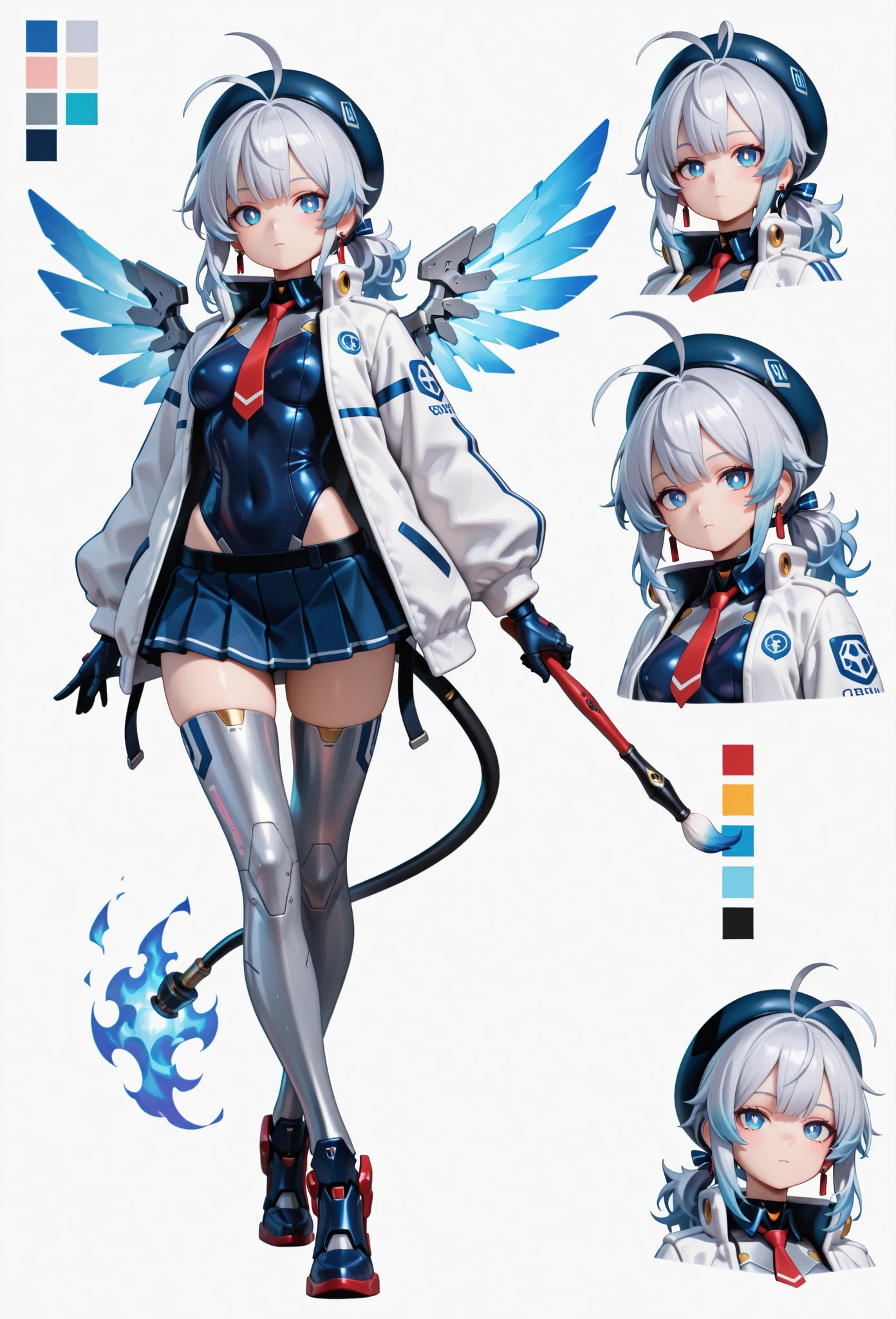 score_9, score_8_up, score_7_up, masterpiece, best quality, perfect facial features, highest resolution, 8k, amazing quality, detailed eyes, clear eyes, dynamic composition, dynamic pose, face clearly visible, close-up of face, low angle, turn your side, view from the side, turn only your face, face close, 1girl, solo, Community Bot-chan, community bot, bot, community, community bot robot, community robot, machine, android, community online, assistant, assistant robot, robot girl, android girl, mechanical girl, mechanical body, exposed mechanical body, mechanical limbs Android limbs, community bot logo, SeaArt logo, SeaArt logo all over the body, tight , iron skin, iron body, hard body, android ear accessories, mechanical earrings, android beret with antenna, mechanical beret, silver hair with blue stripes, silver to blue gradient hair, Blue burning hair, Blue and silver hair, messy hair, fluffy wavy hair, Blue hair accessory, hair ribbon, Blue flaming android tail, Blue flaming android wings, low side ponytail, long sideburns, mechanical eyes, blue eyes, white pupils, slanted eyes, digital-style leotard, black collar, white coat, red tie, miniskirt, pleated skirt, mechanical shoes with antenna, large colorful paintbrush, giant human-sized digital paintbrush, near-future background, science fiction, near-future city, cyberpunk, near-future building, near-future cityscape, Awakening scene, Awakening pose, Dynamic pose, Low-angle, cool pose, 