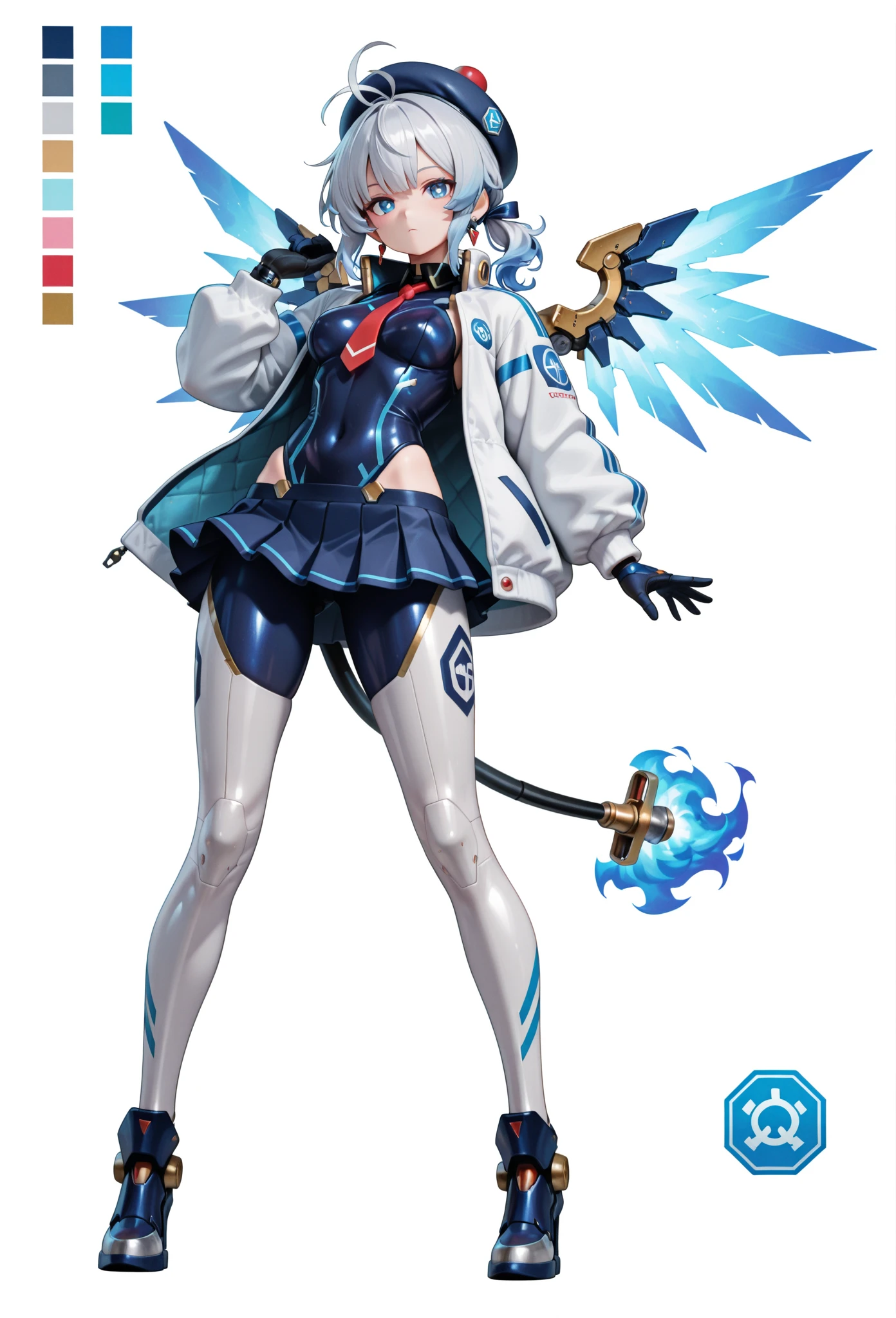 score_9, score_8_up, score_7_up, masterpiece, best quality, perfect facial features, highest resolution, 8k, amazing quality, detailed eyes, clear eyes, dynamic composition, dynamic pose, face clearly visible, close-up of face, low angle, turn your side, view from the side, turn only your face, face close, 1girl, solo, Community Bot-chan, community bot, bot, community, community bot robot, community robot, machine, android, community online, assistant, assistant robot, robot girl, android girl, mechanical girl, mechanical body, exposed mechanical body, mechanical limbs Android limbs, community bot logo, SeaArt logo, SeaArt logo all over the body, tight , iron skin, iron body, hard body, android ear accessories, mechanical earrings, android beret with antenna, mechanical beret, silver hair with blue stripes, silver to blue gradient hair, Blue burning hair, Blue and silver hair, messy hair, fluffy wavy hair, Blue hair accessory, hair ribbon, Blue flaming android tail, Blue flaming android wings, low side ponytail, long sideburns, mechanical eyes, blue eyes, white pupils, slanted eyes, digital-style leotard, black collar, white coat, red tie, miniskirt, pleated skirt, mechanical shoes with antenna, large colorful paintbrush, giant human-sized digital paintbrush, near-future background, science fiction, near-future city, cyberpunk, near-future building, near-future cityscape, Awakening scene, Awakening pose, Dynamic pose, Low-angle, cool pose, 